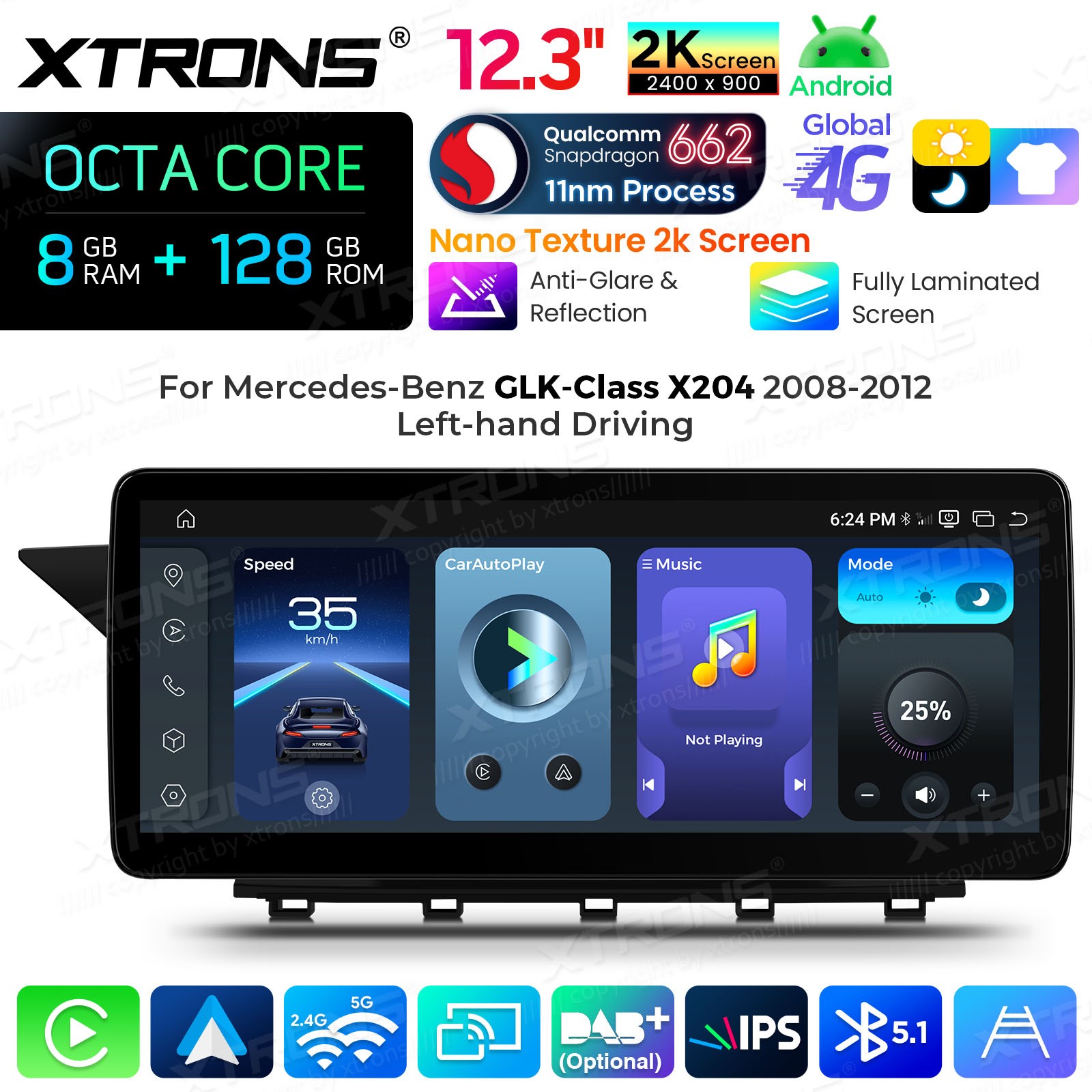 Qualcomm 662 Android 14 for Mercedes GLK X204 12.3″ 2K Screen 8GB 128GB 4G Wi-Fi