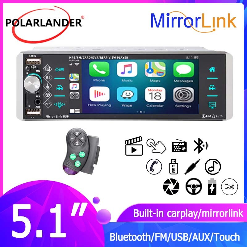 Single 1 Din 5.1″ Car Stereo Radio Touch Screen Apple Carplay Bluetooth 3USB/AUX