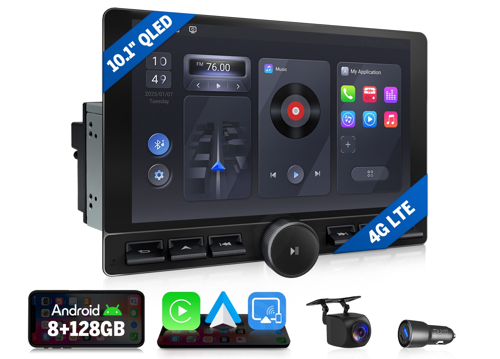 Android Car Stereo 10.1″ QLED 8+128 CarPlay GPS DSP Audio Screen Rotation Double