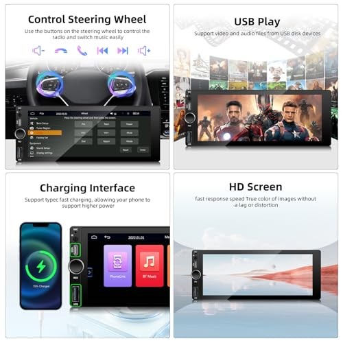 Single Din Car Stereo with Wireless Carplay Android Auto, 6.86 Inch IPS Touch