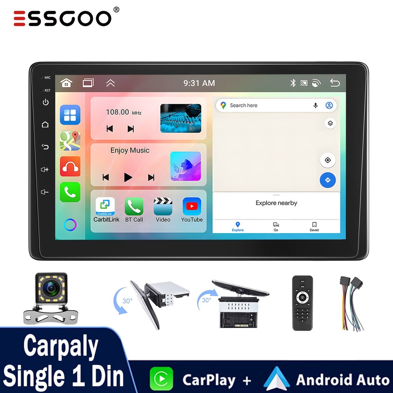 9″ Single DIN Car Radio Stereo Player Bluetooth Rotatable Screen MAP5 Player USB