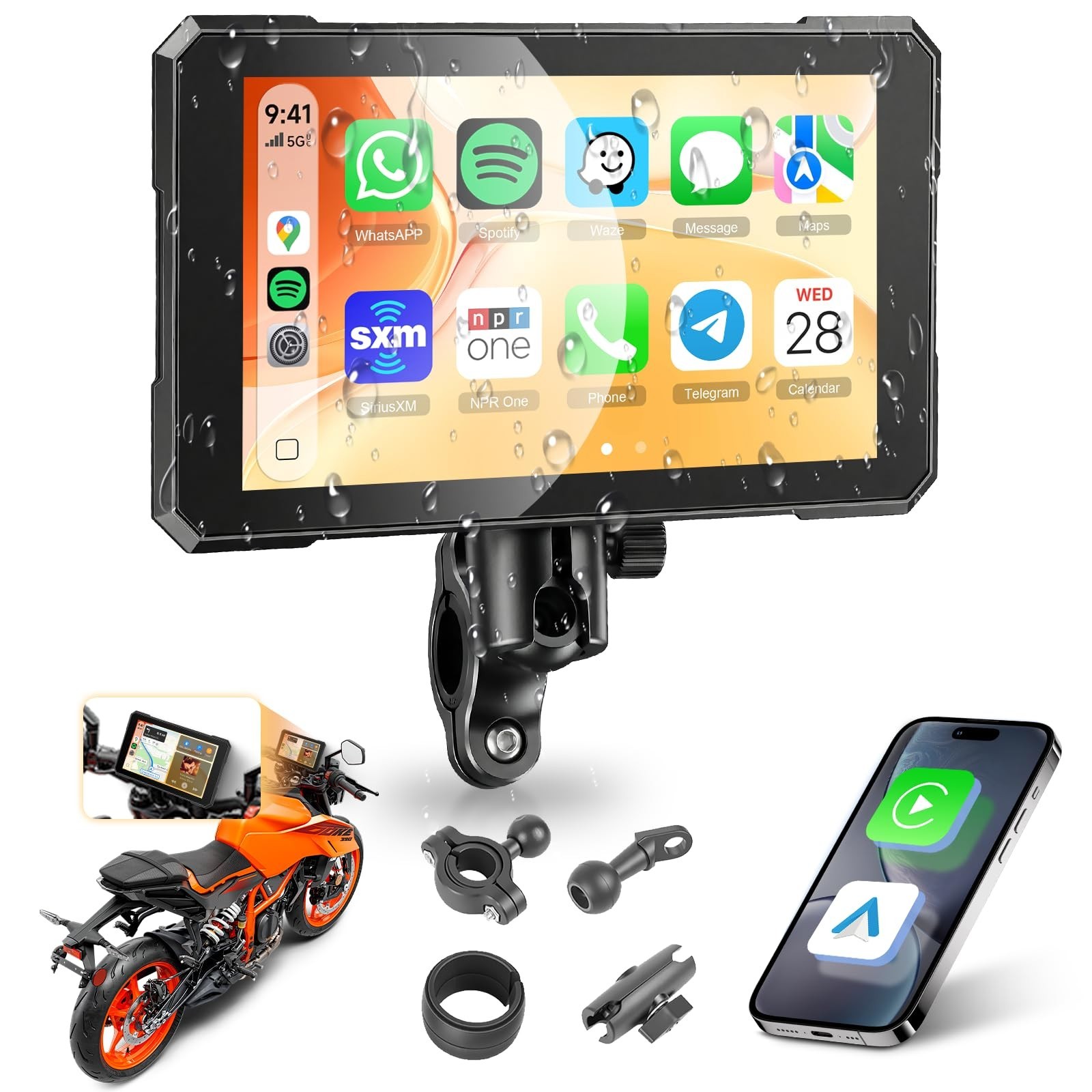 5″ Wireless CarPlay & Android Auto Screen for Motorcycle, IP68 Waterproof, GPS,