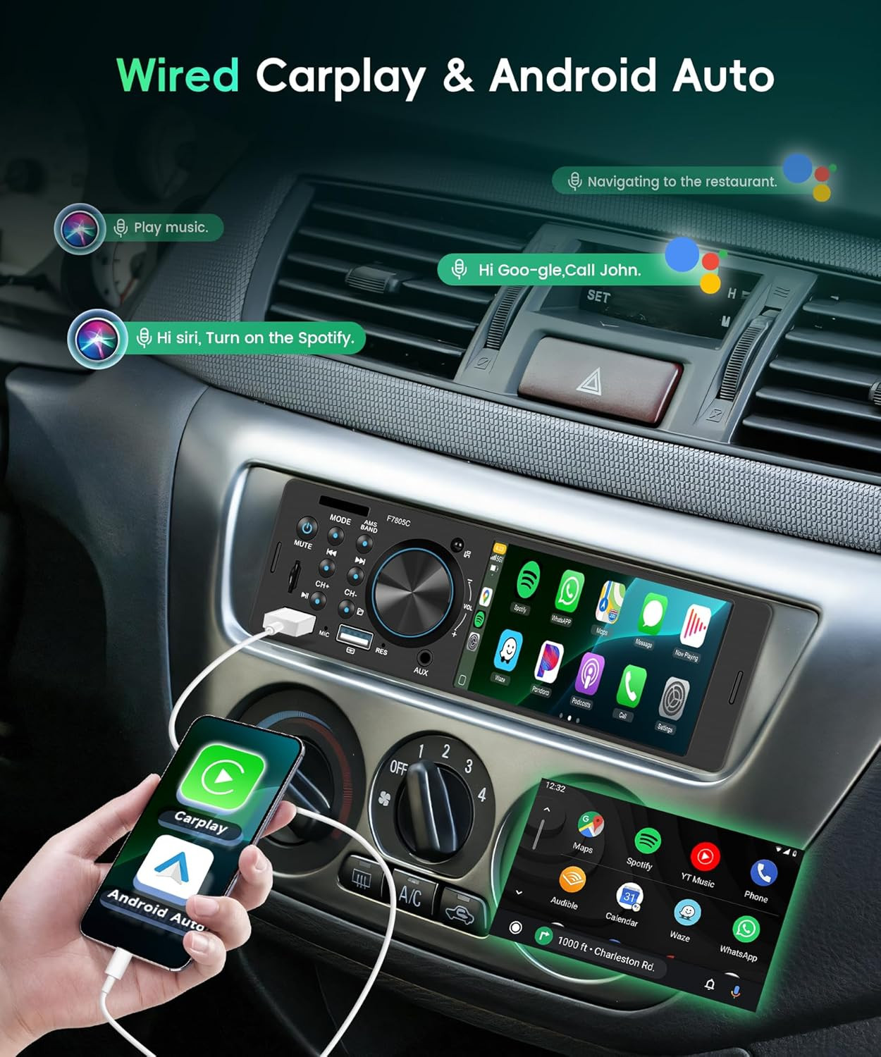 Car Stereo Single Din with Apple Carplay, Android Auto, 4-Inch IPS Touch Screen