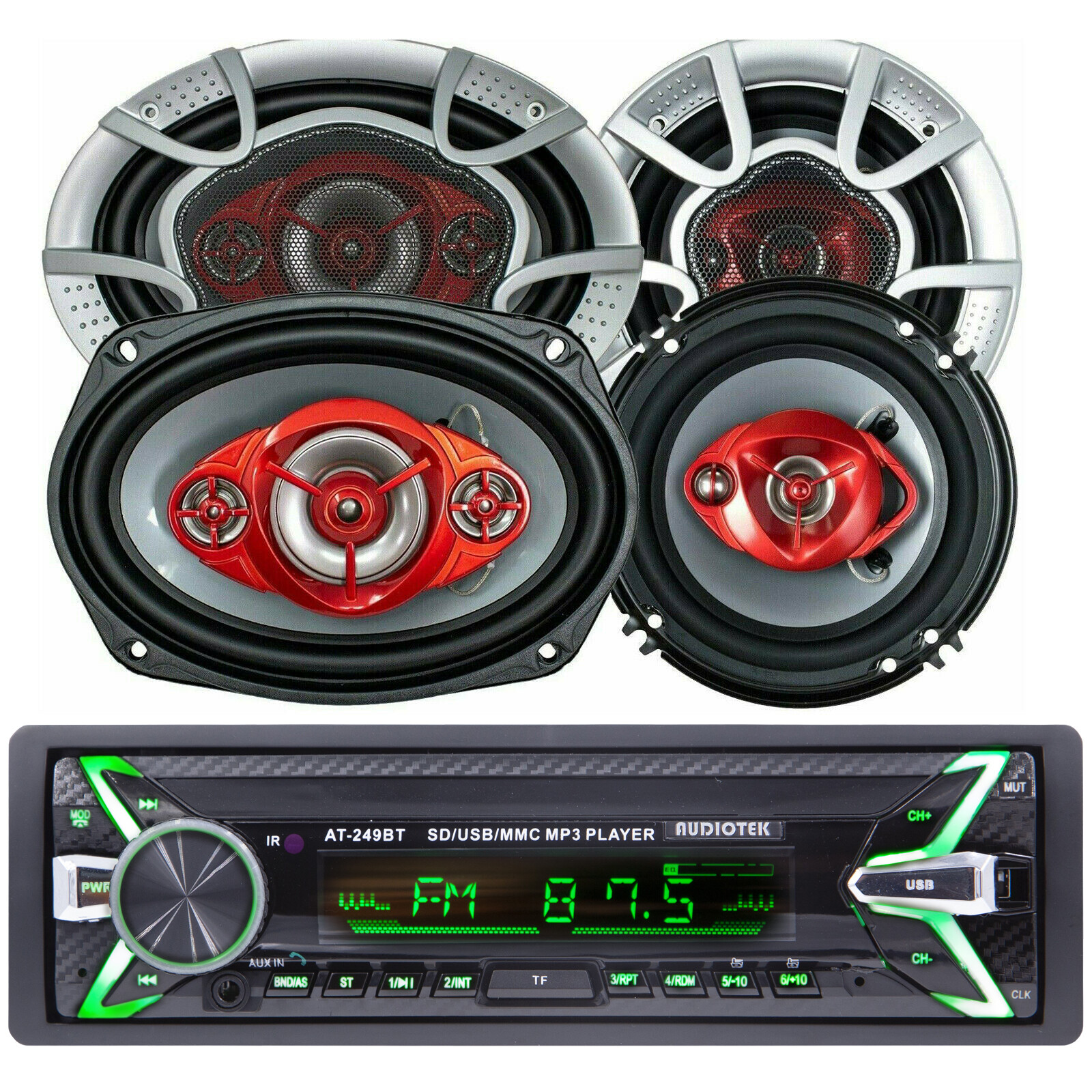 Car Receiver Media Player USB, SD, AUX Work w/ Bluetooth & 6×9″ + 6.0″ Speaker