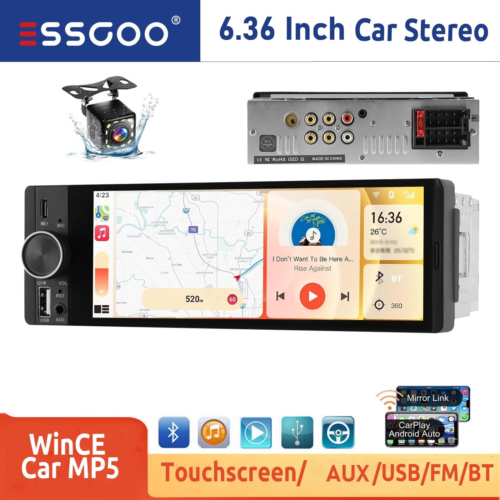 Wireless CarPlay Android Auto 6.36″ Single DIN Car Stereo Radio Bluetooth FM+Cam