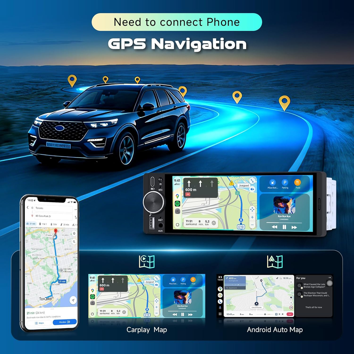 Single DIN Wireless Car Stereo with Wireless Carplay & Android Auto, 6.9” In-Cel
