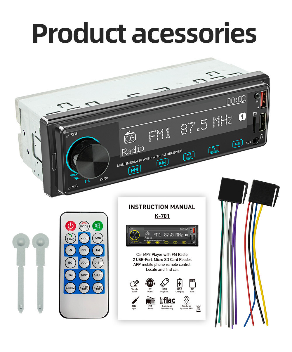 Bluetooth 1DIN Car Stereo Audio FM AUX Input TF U Disk RCA USB MP3 Radio Player