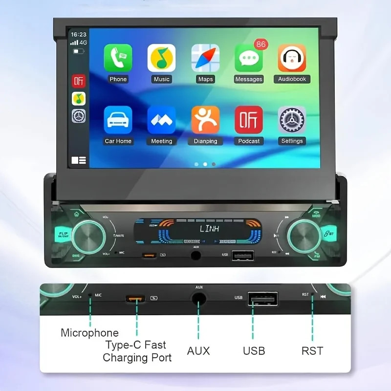1 Din Car Stereo 7in Touchscreen MP5 Player Wired Carplayer Android Auto, BT