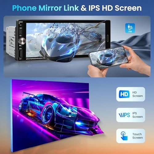 Single Din Car Stereo with Wireless CarPlay Android Auto Mirror Link, Car
