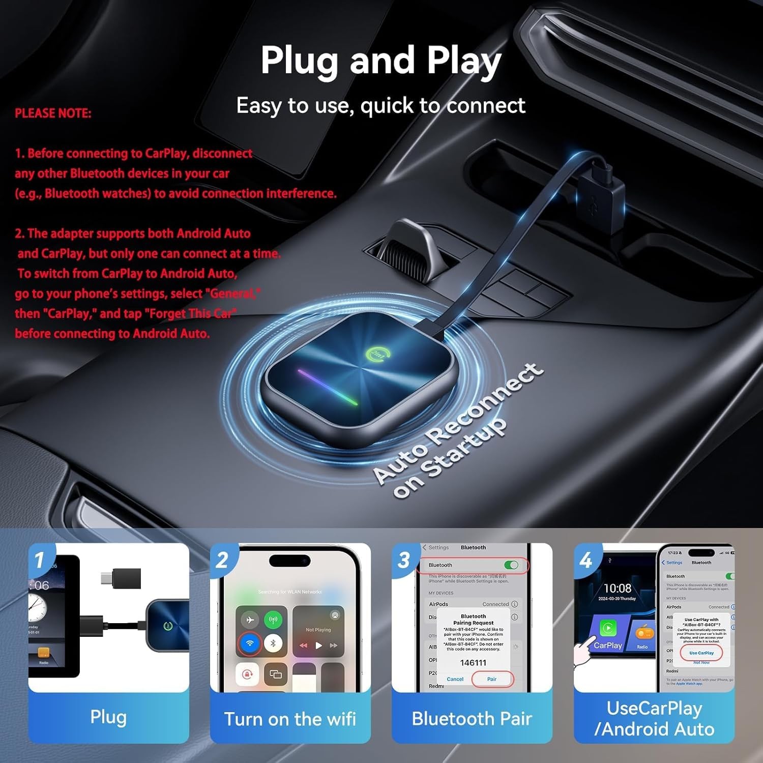 USB Wireless CarPlay Android Auto Adapter Converts Wired to Wireless Plug & Play
