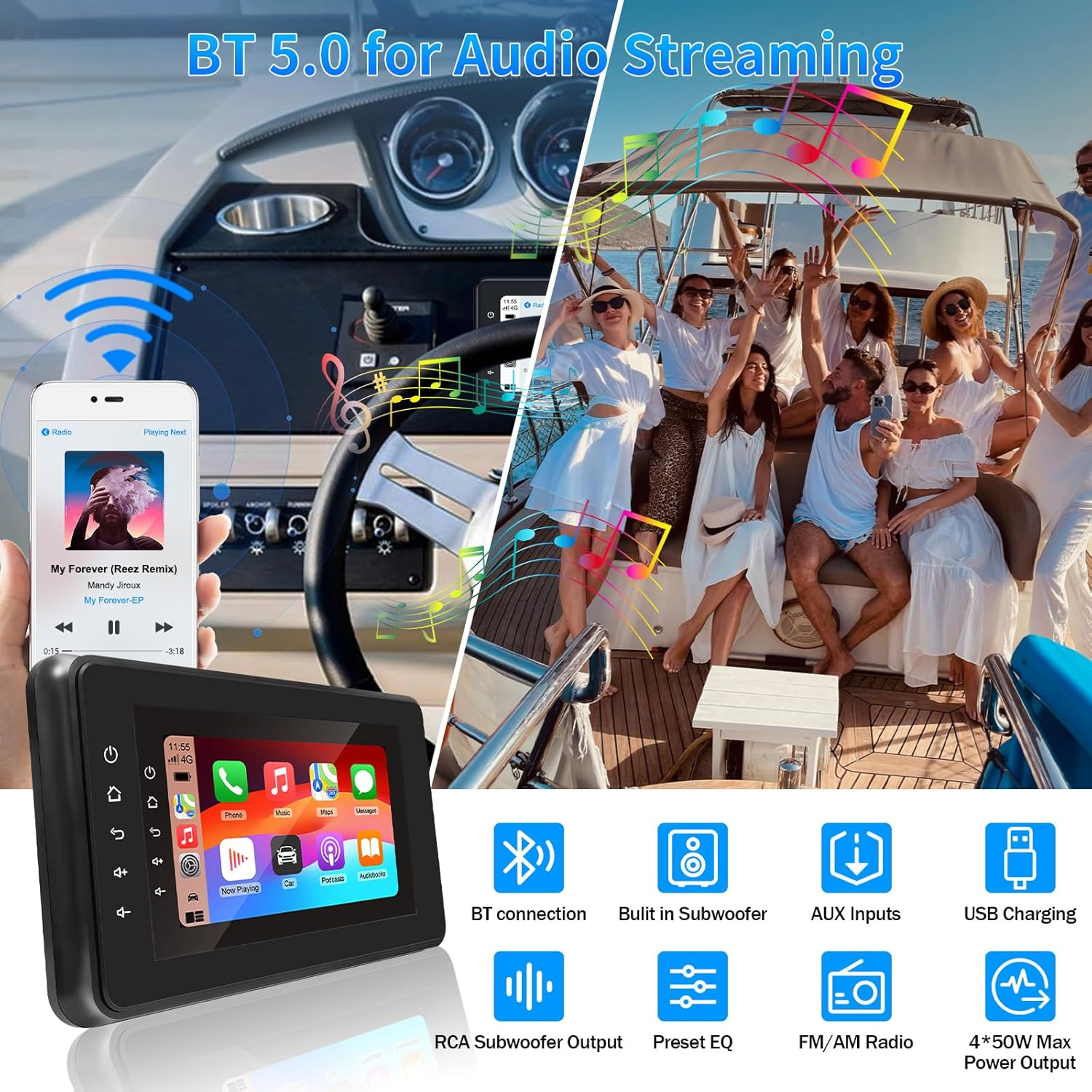 2026 Upgraded Marine Stereo with Wireless Carplay and Android Auto, Portable 8”