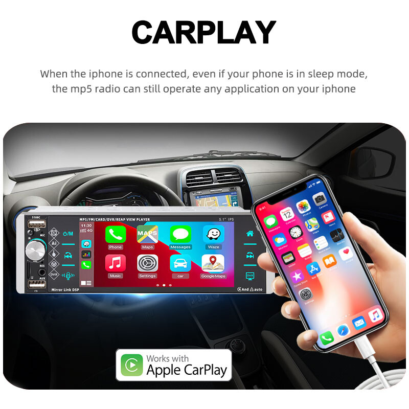 5.1” 1 Din Car Stereo CarPlay Android Touch Screen Car Radio 3USB MP5 Bluetooth