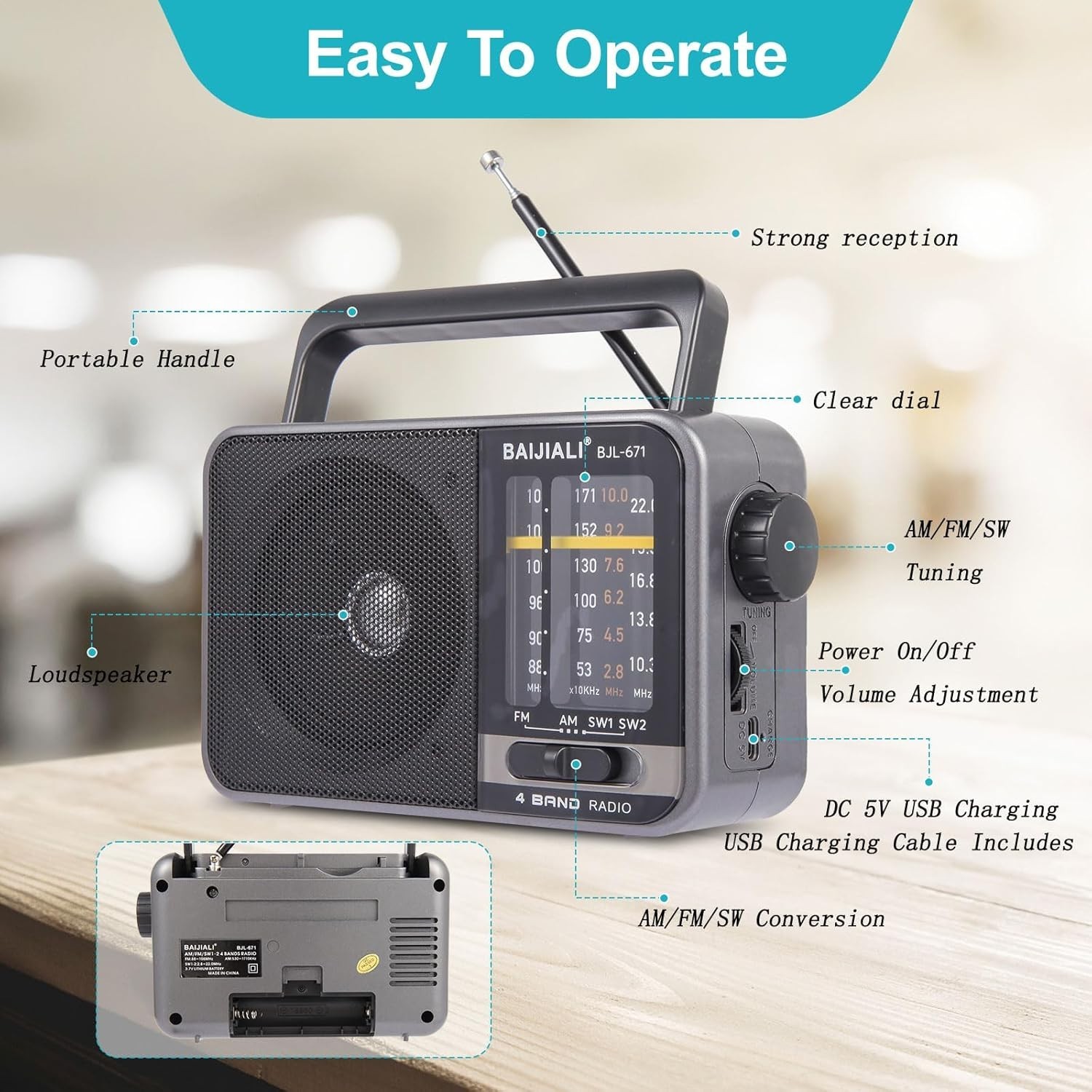 Retro 4-Band AM/FM/SW Portable Radio with USB Power and Rechargeable Battery