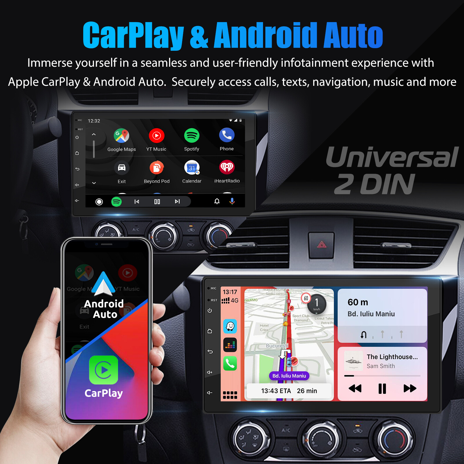 7 Inch 2 DIN 32G Android 14 Apple Carplay GPS NAVI FM RDS WiFi Bluetooth USB SWC