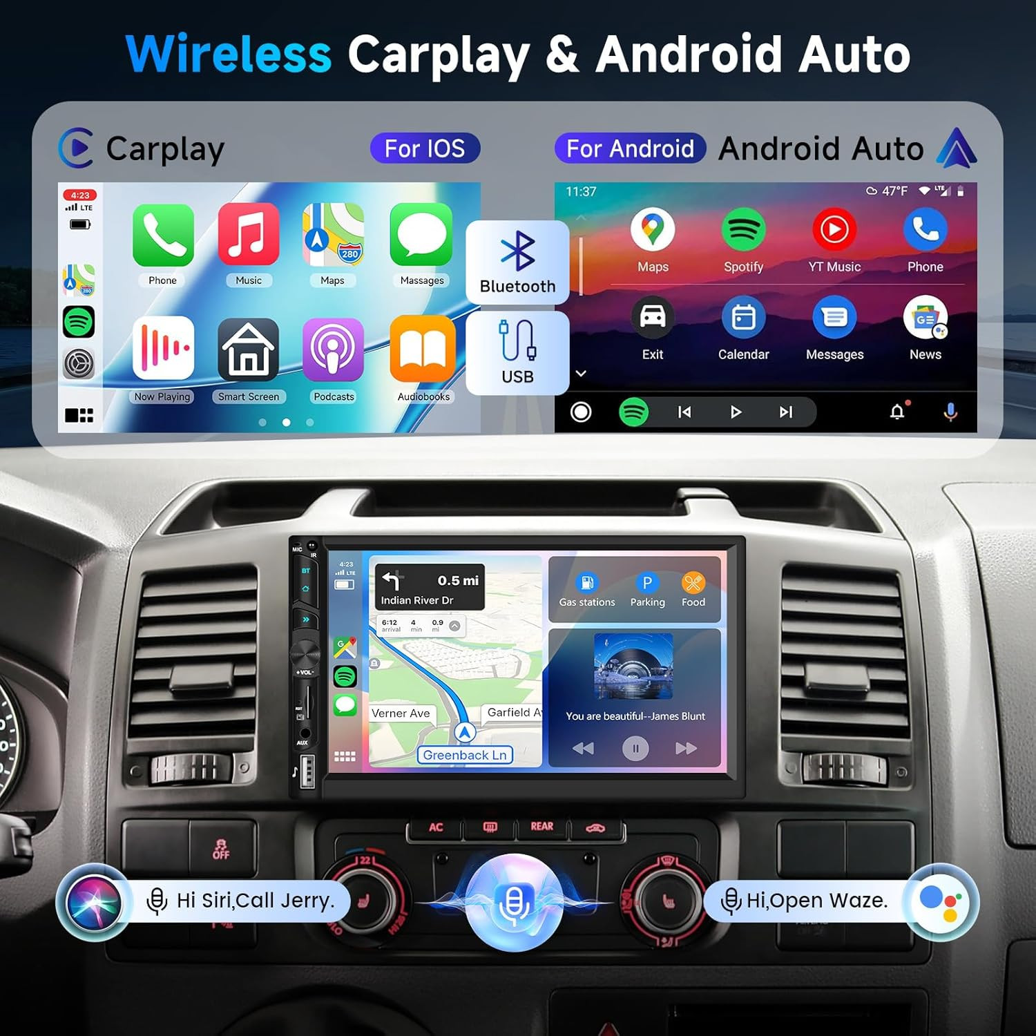 Wireless Double Din Car Stereo Carplay Radio, 7 Inch Anroid Auto Touch Screen Ra