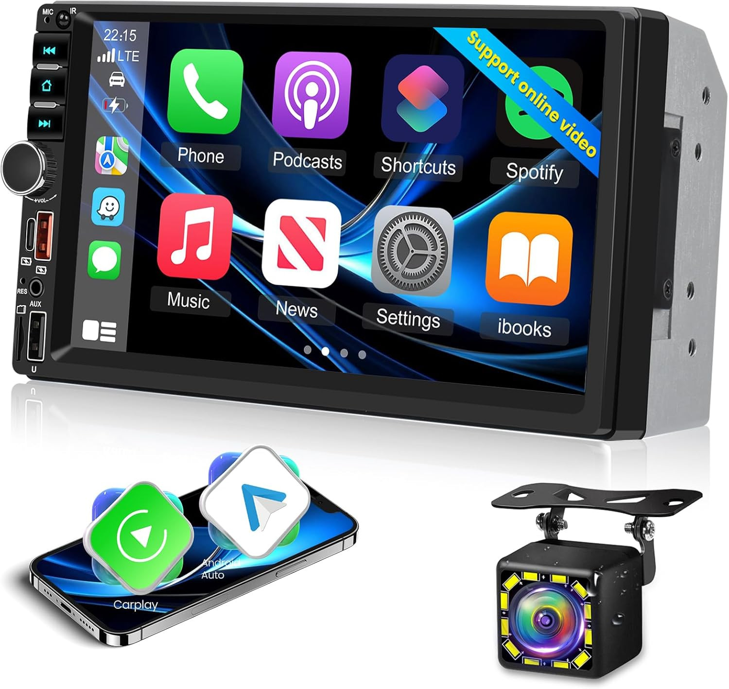Double Din Car Radio with Wireless Carplay & Android Auto, 7 Inch 2 Din Touch Sc