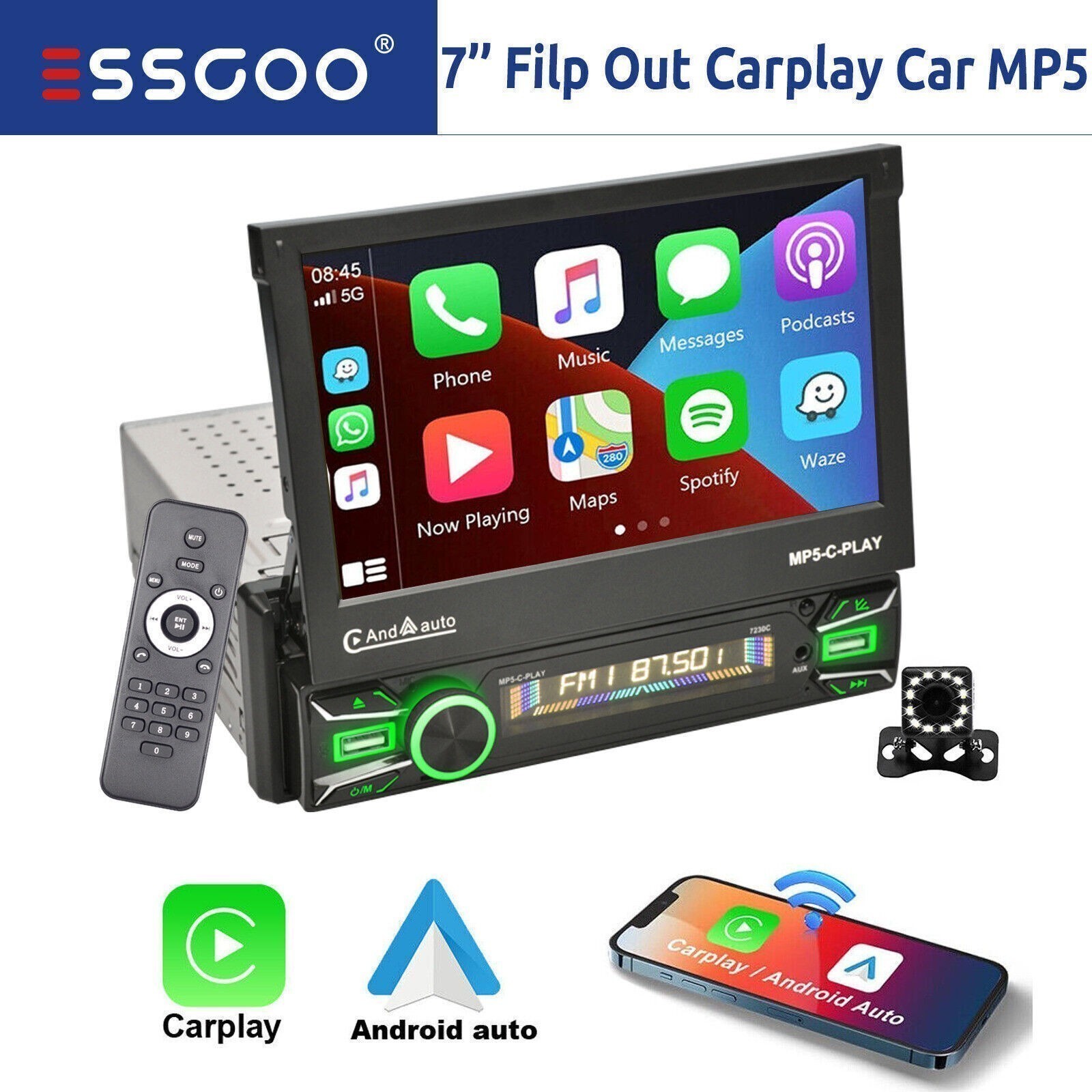 Single 1 DIN 7 inch Flip Out Car Stereo CarPlay/Android Auto Touch Screen Camera