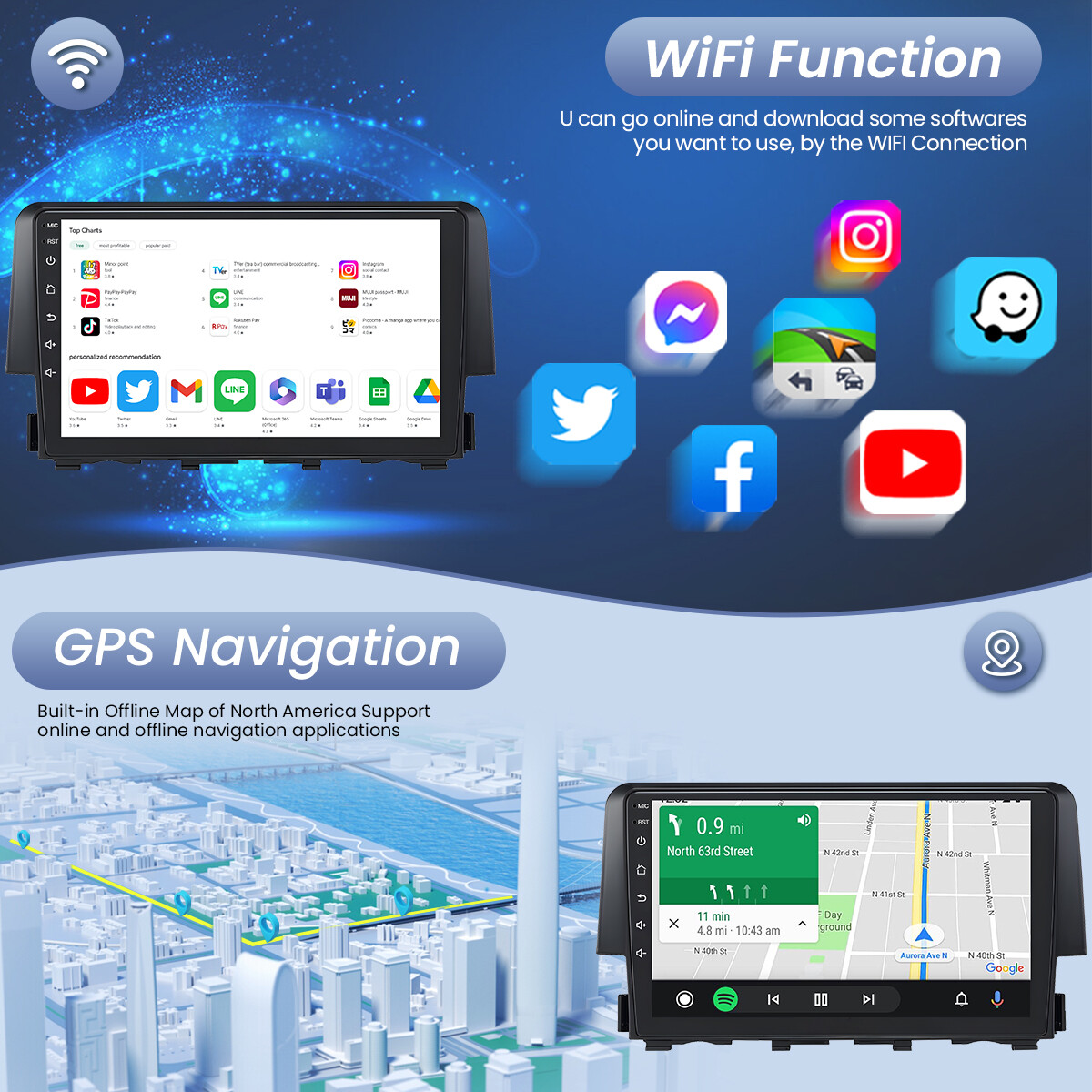 9″ 32G FOR HONDA CIVIC 2016-20 CAR STEREO RADIO GPS WIFI APPLE CARPLAY 1280*800