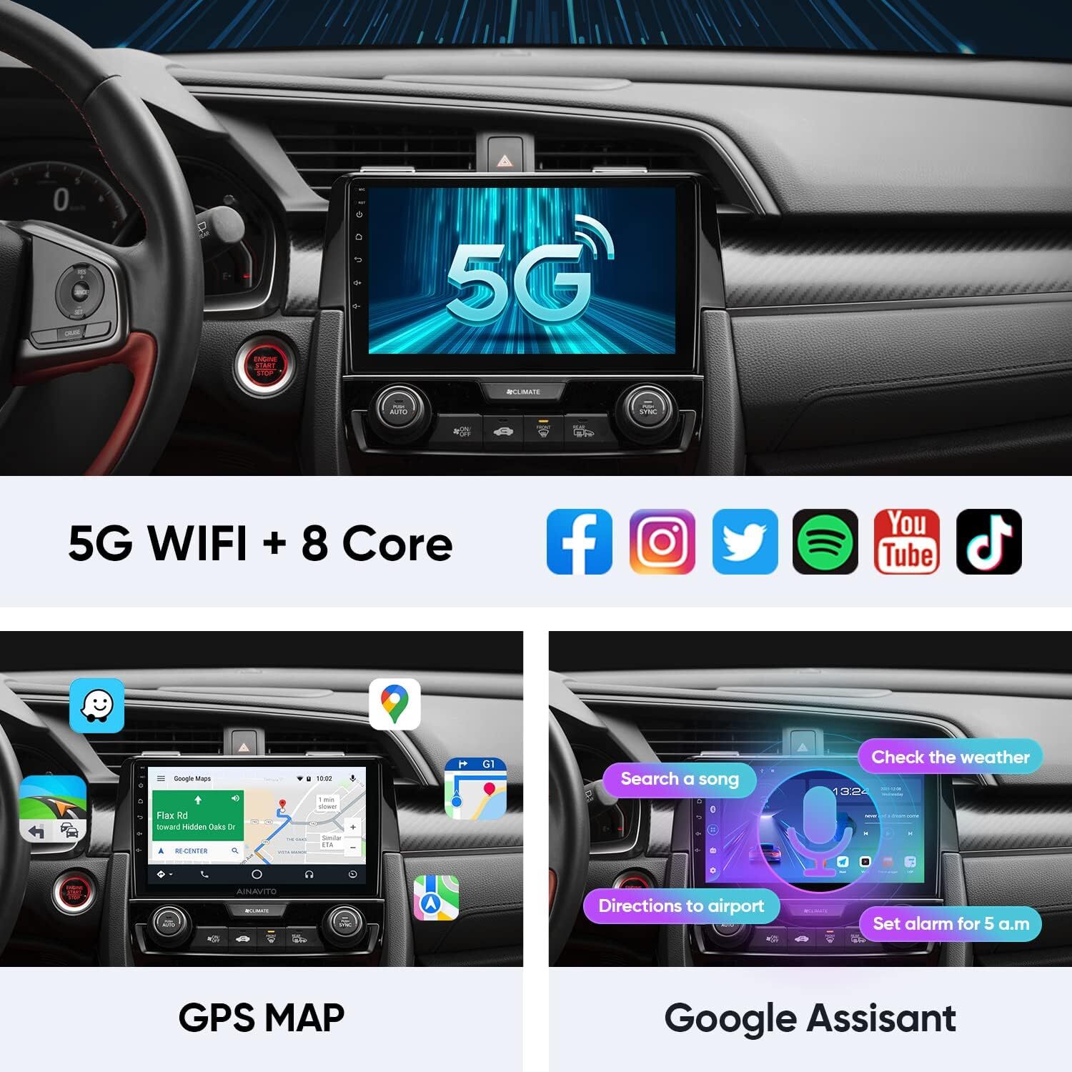 AINAVITO 9″ 5G WiFi 8 Core 48EQ Android 12 Stereo Radio for Honda Civic *4963A5A