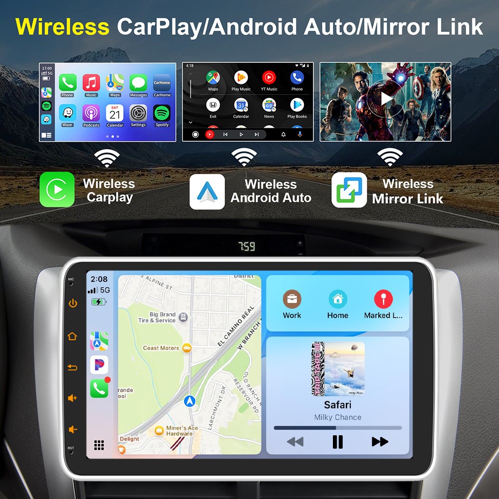 Wireless Apple CarPlay Android Auto 10.1″ Single 1 DIN Car Stereo Head Unit AUX