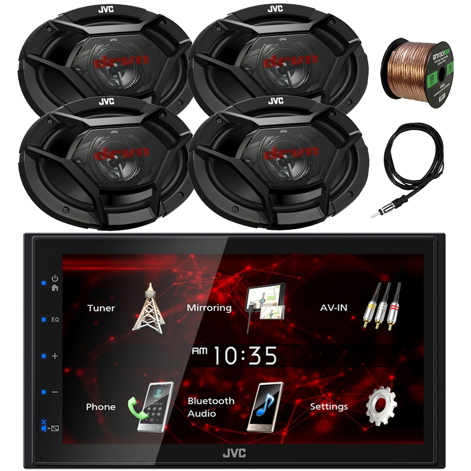 JVC 2DIN Touchscreen Bluetooth Car Receiver, 4x 6×9″ 500W Speaker, Antenna, Wire