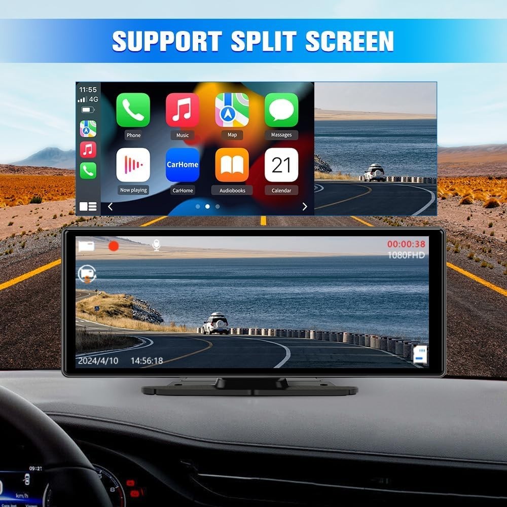 Universal Wireless CarPlay Screen with 4K+1080P Cameras, Lightweight Design