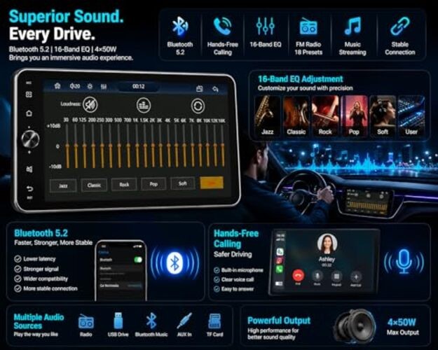 10.1 Inch Single DIN Car Stereo with Wireless CarPlay, Bluetooth 5.2, 720×1280