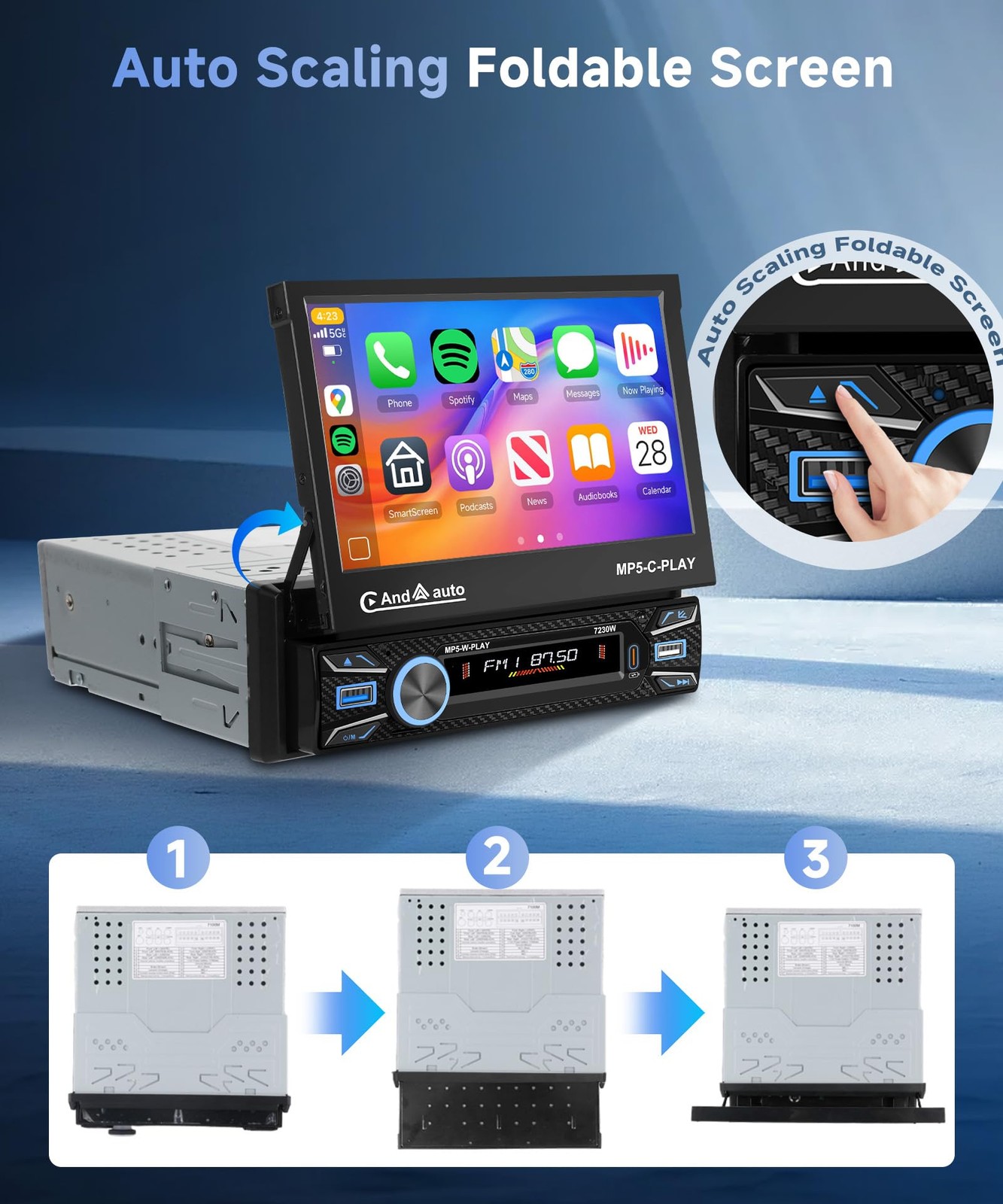 Orderich Single Din Car Stereo Touch Screen Flip Out Wireless Carplay Black