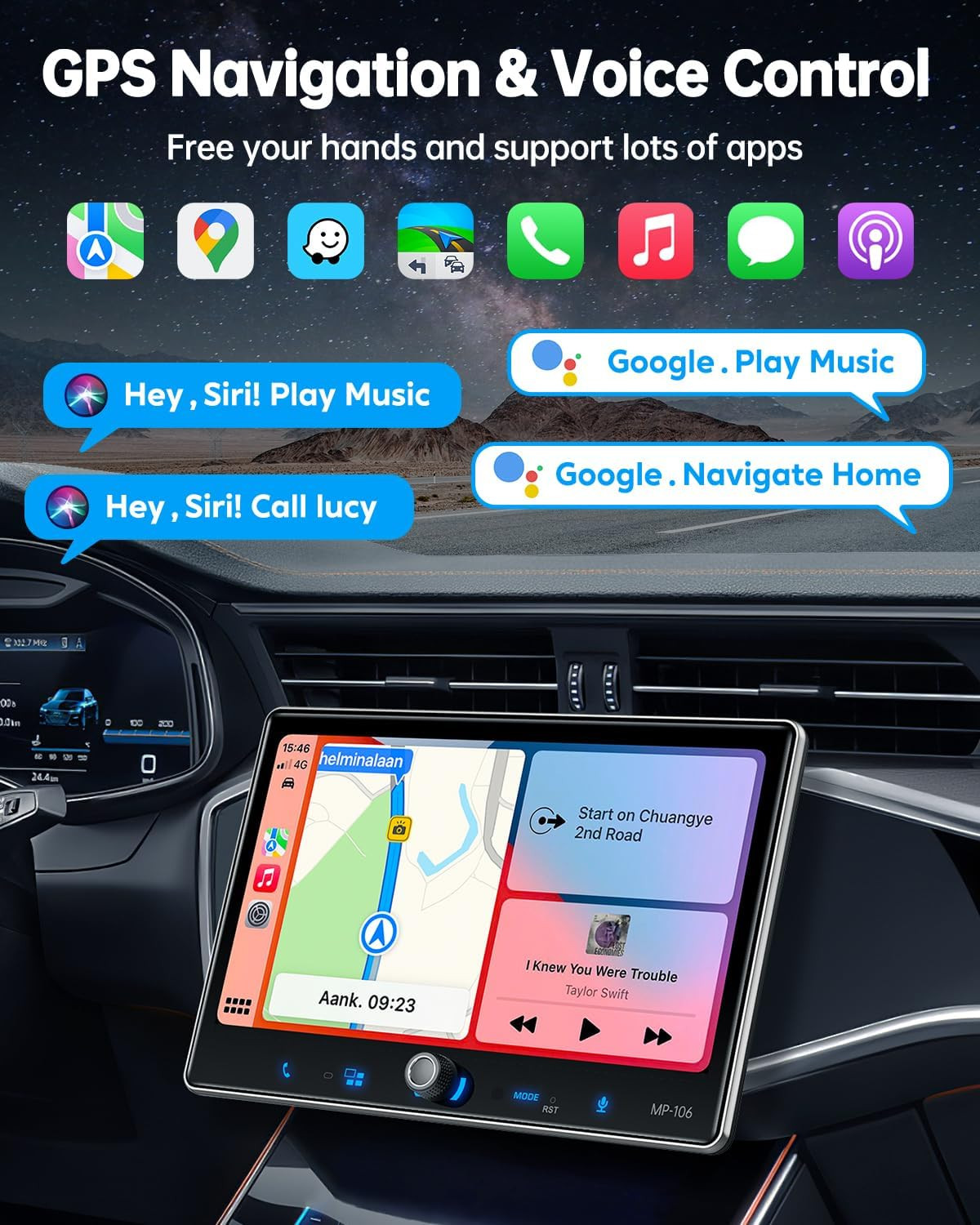 Single Din Car Stereo Wireless Apple Carplay Android Auto Radio, 10.1″ Car Play