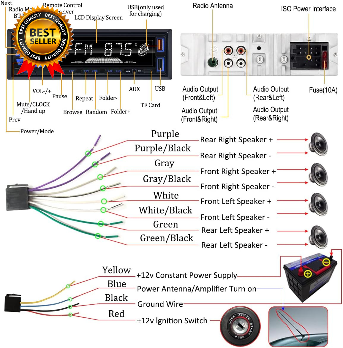 Car Radio Bluetooth Single DIN Car Stereo Audio Car Audio with Handsfree and App