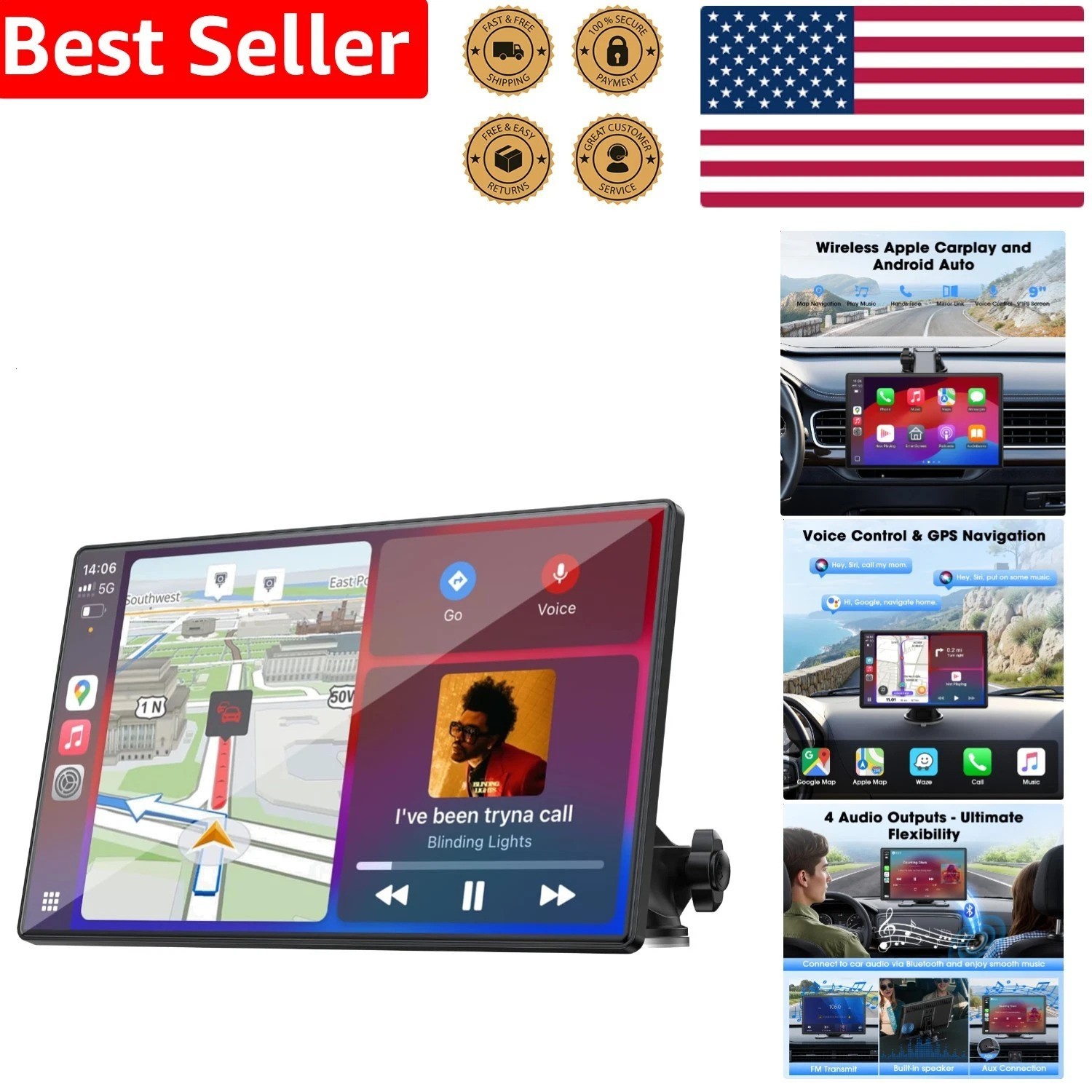 Upgrade 9 Inch CarPlay Screen Wireless Android Auto Portable Touchscreen GPS