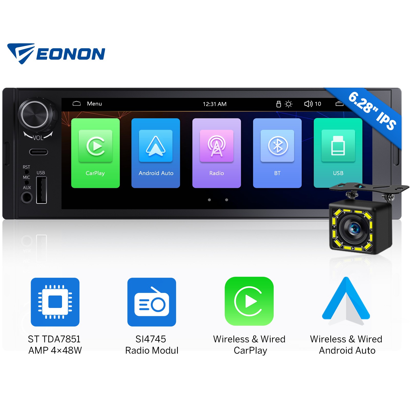 6.28″ IPS Single Din Car Stereo Apple CarPlay Android Auto Radio Navigation AUX