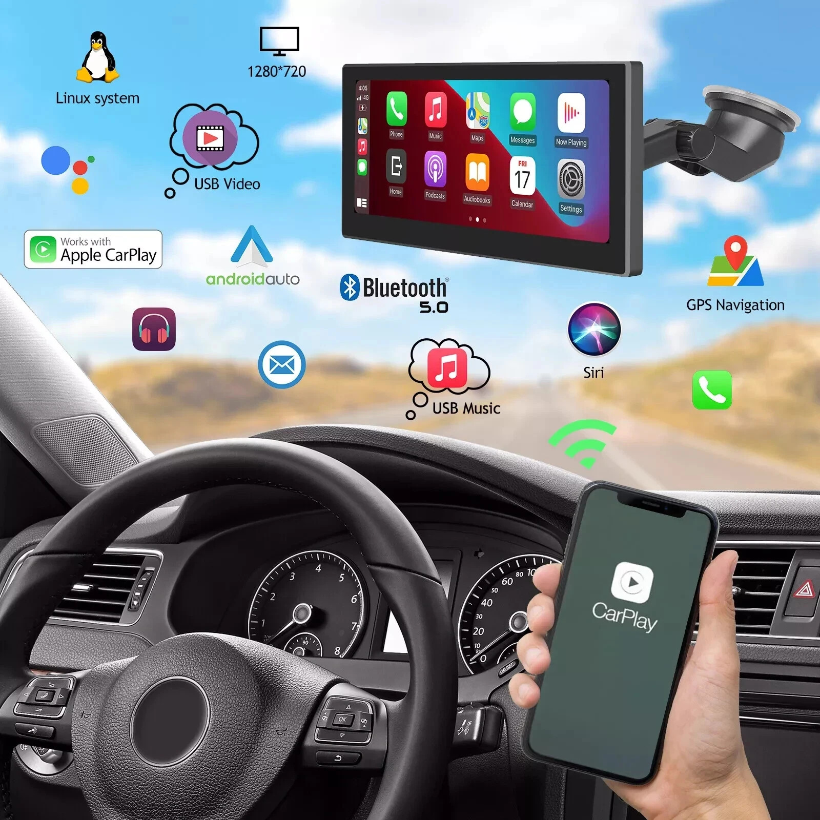 8.86” Car Portable Wireless Apple CarPlay Android Auto FM Touch Screen Radio