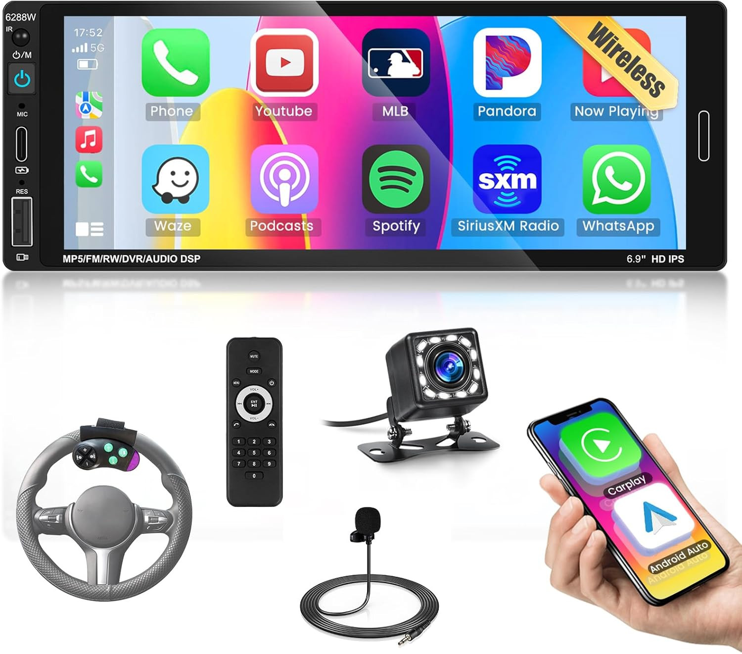 Single Din Car Radio Stereo with Wireless Apple Carplay Android Auto, 6.9″ HD To