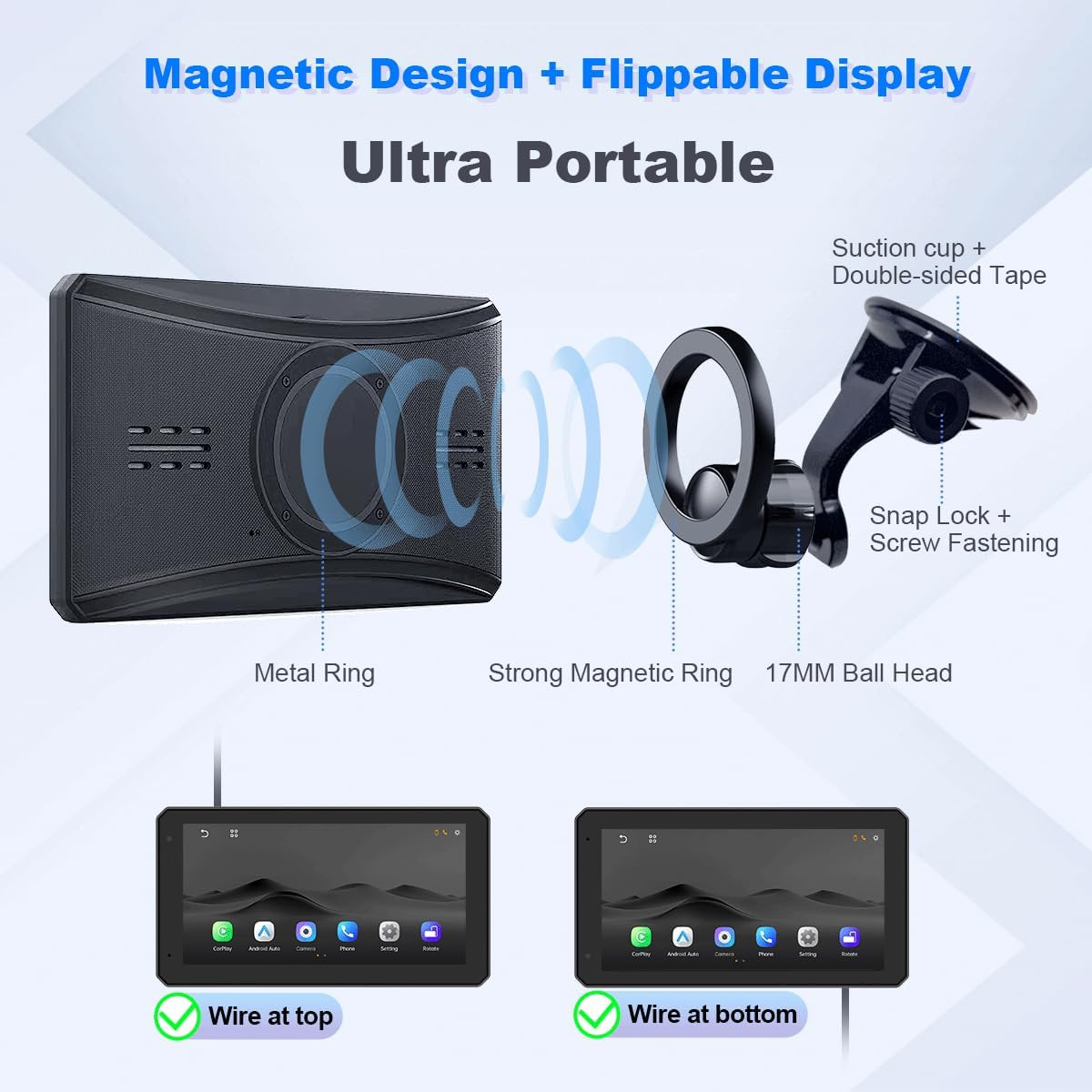 6.1 Inch Portable Car Screen, Wireless & Wired Carplay Android Auto, 1080P Wirel