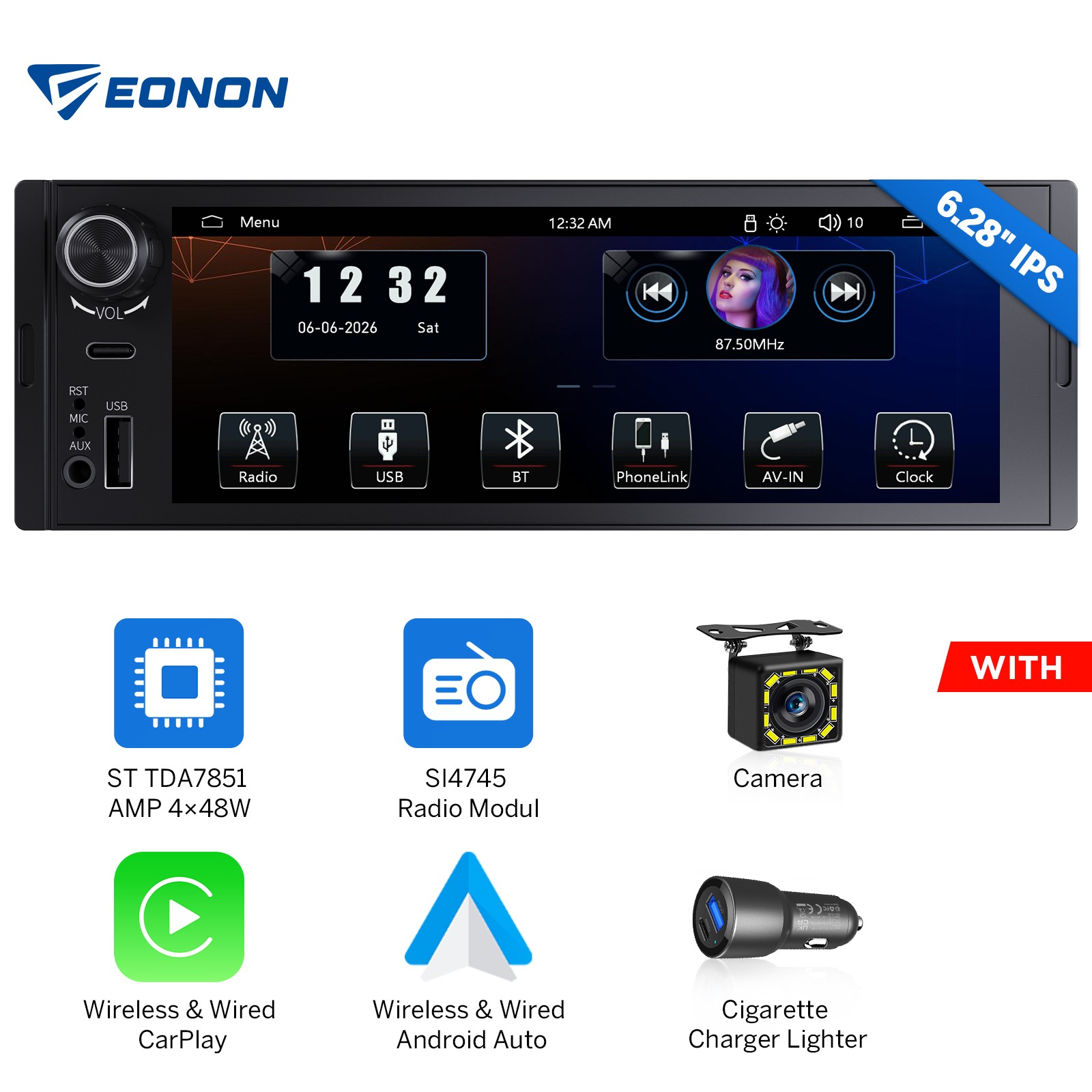 6.28″ 1DIN Wireless Apple CarPlay Android Auto Car Radio Stereo Head Unit Camera