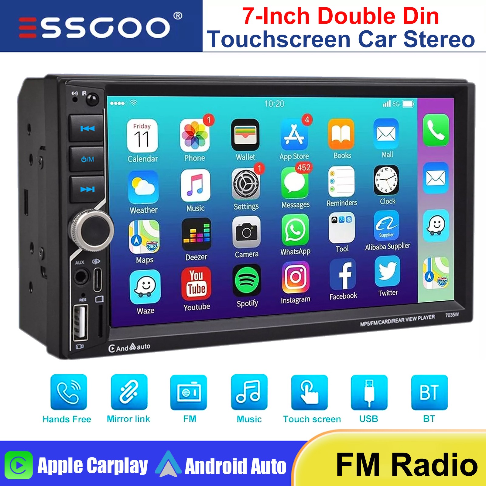 ESSGOO Wireless Apple Carplay/Android 7″ Portable Car Stereo Radio Bluetooth TF