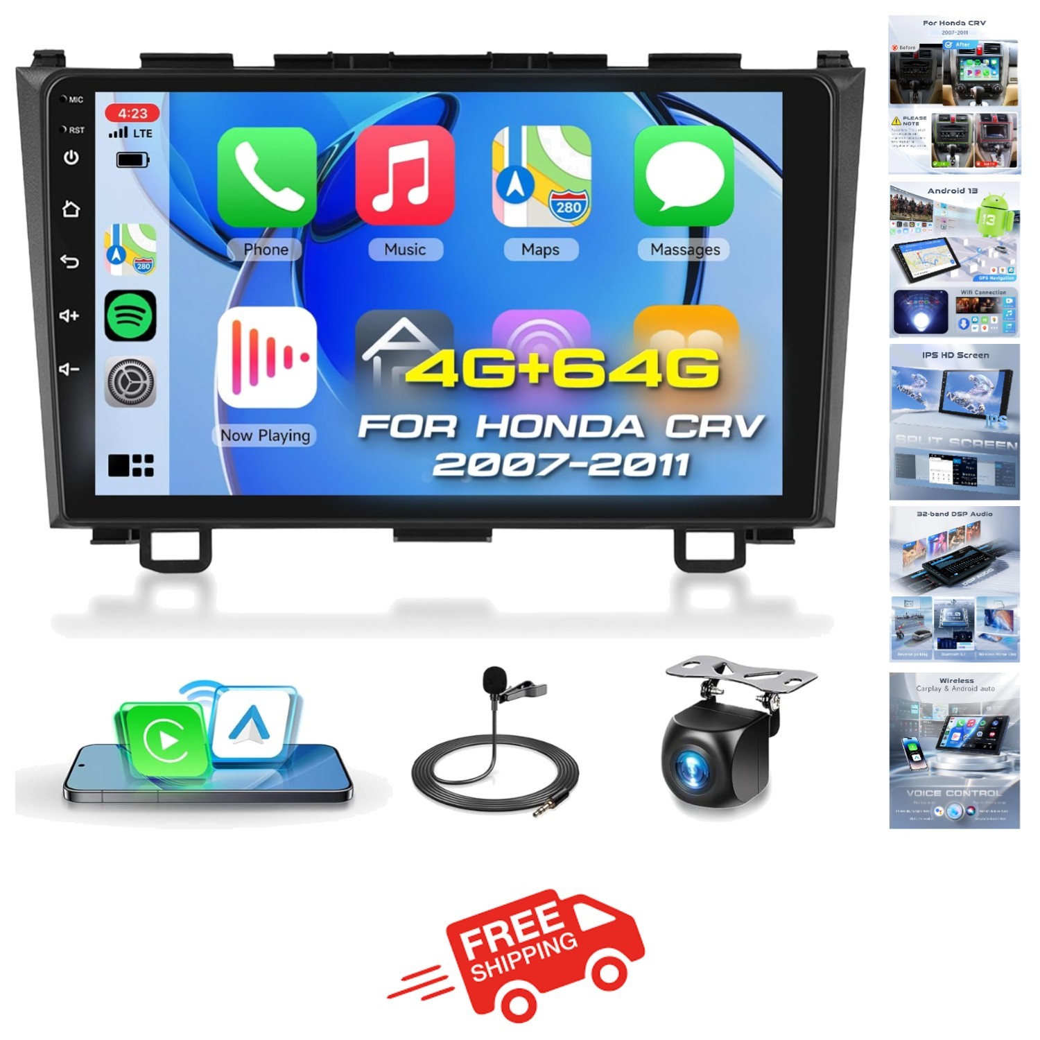 Dual Mic Bluetooth Car Stereo with Wireless Android Auto for Honda CRV 2007-2011