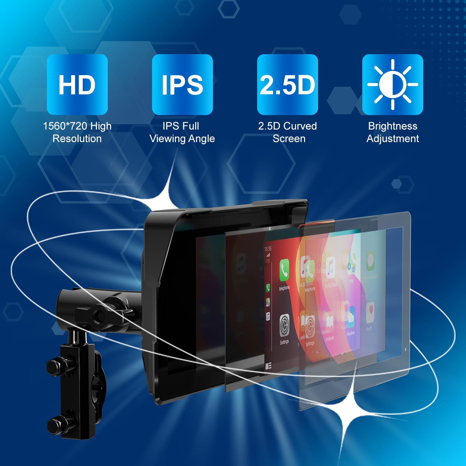 Motorcycle Carplay Screen for Apple carplay & Android Auto, 7″ Portable