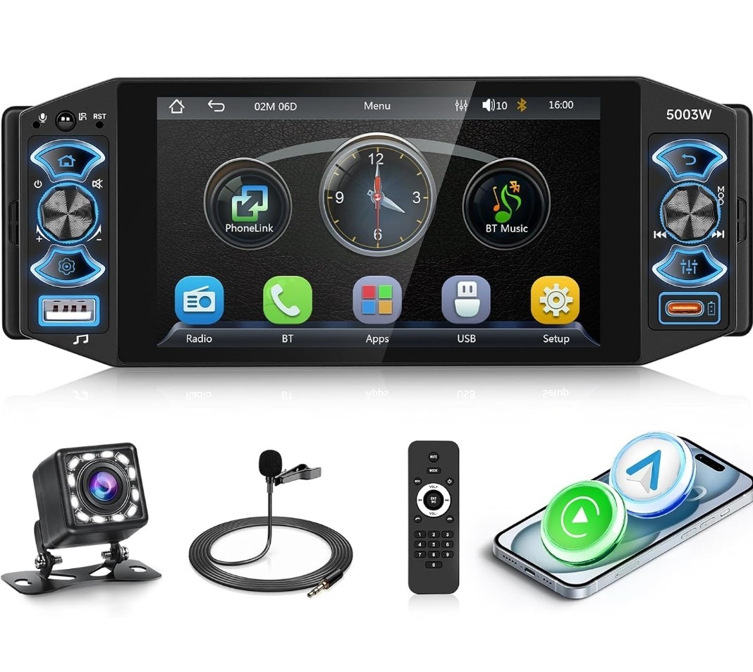Single Din Car Radio 5” IPS Touch Screen Wireless CarPlay Android Auto BT FM USB