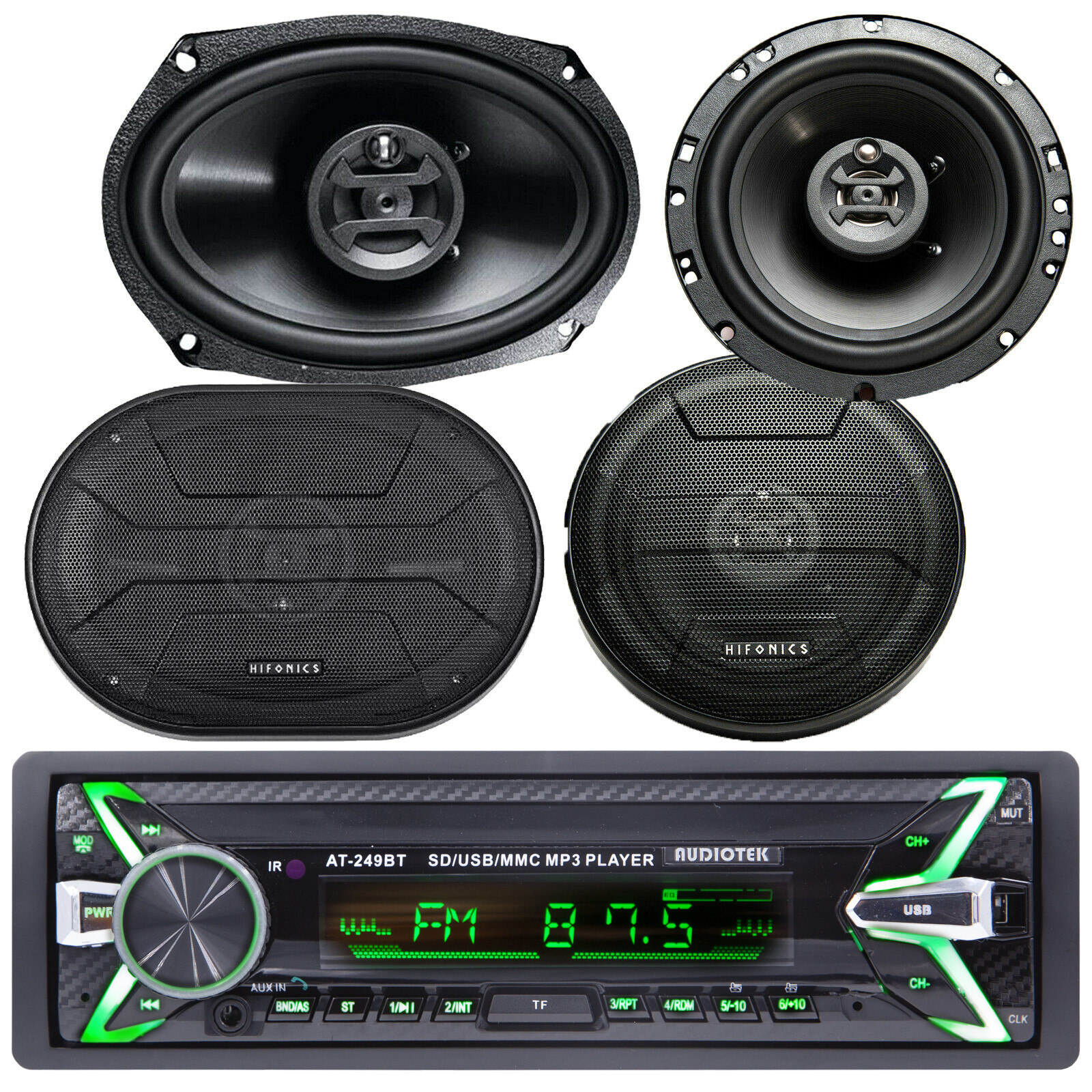 4x Hifonics ZS693 ZS653 Speakers + Audiotek AT-249BT Digital Receiver Bluetooth