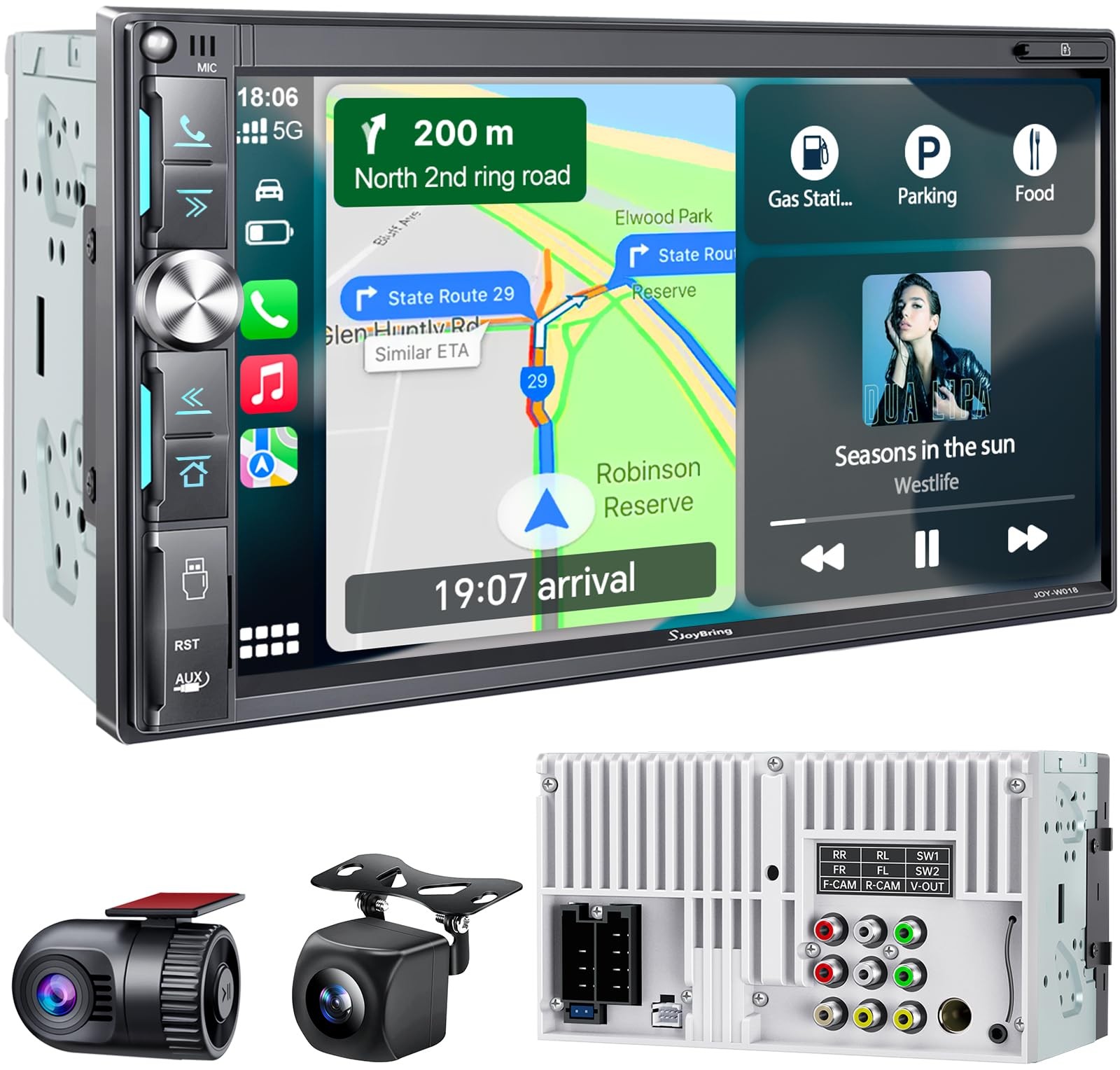 QLED Double Din Car Stereo with Dash Cam & Backup Camera, Wireless Apple CarP…