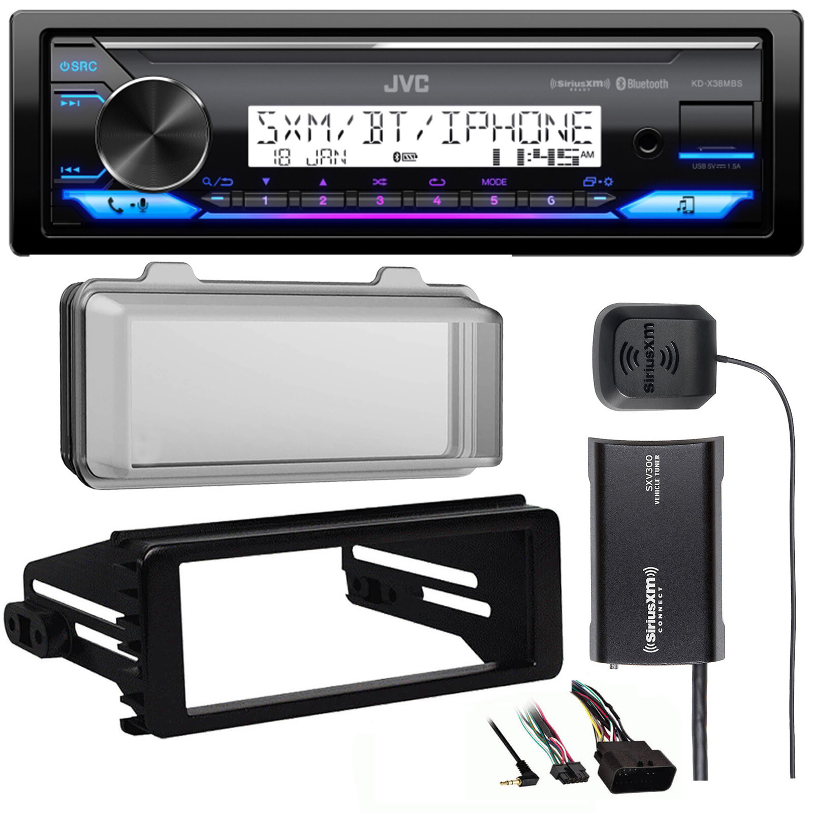 Single DIN Marine USB AUX Bluetooth Receiver, Cover, Install Kit, SiriusXM Tuner