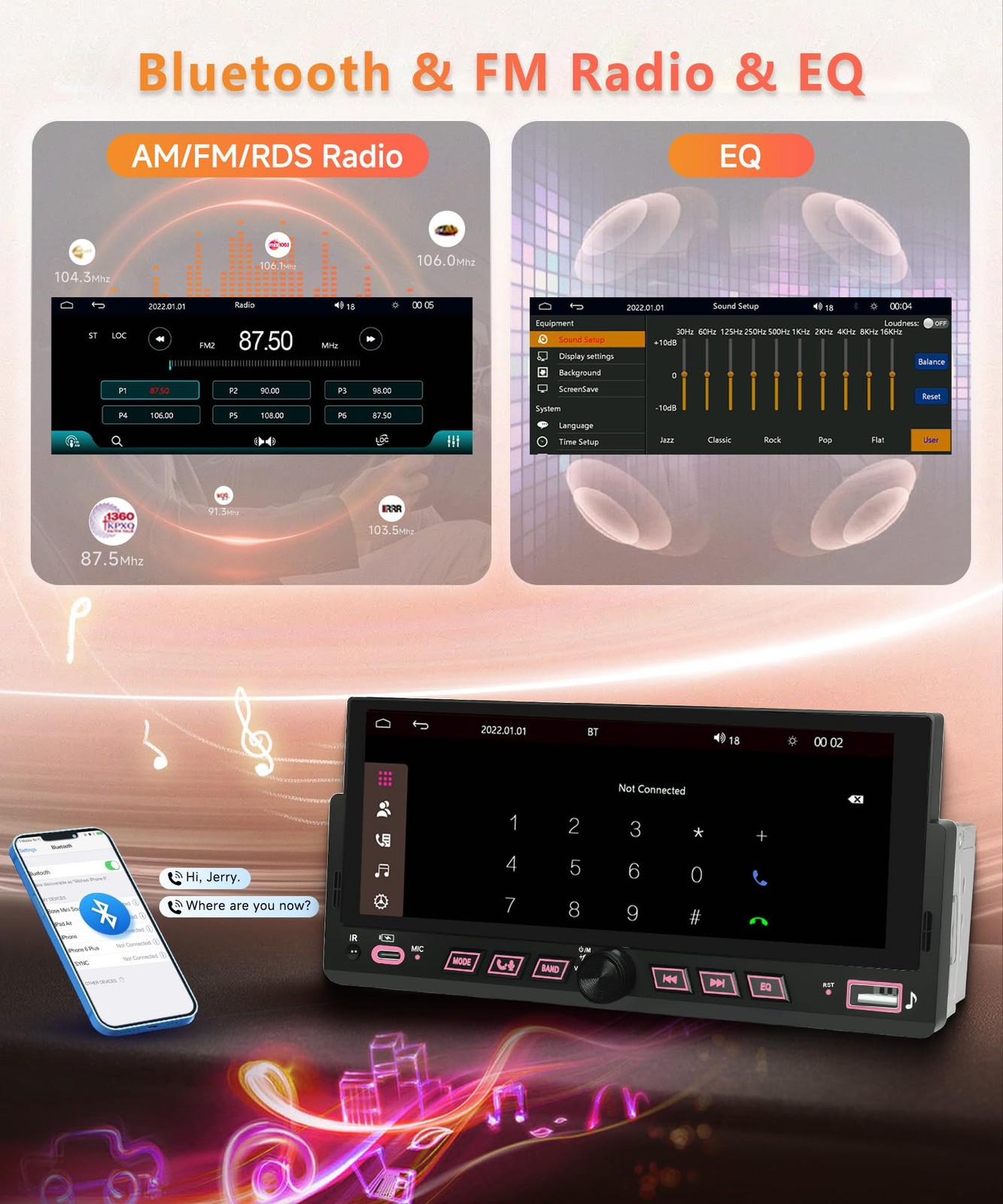 Car Stereo Single Din Wireless Carplay 6.86 inch Touch Screen
