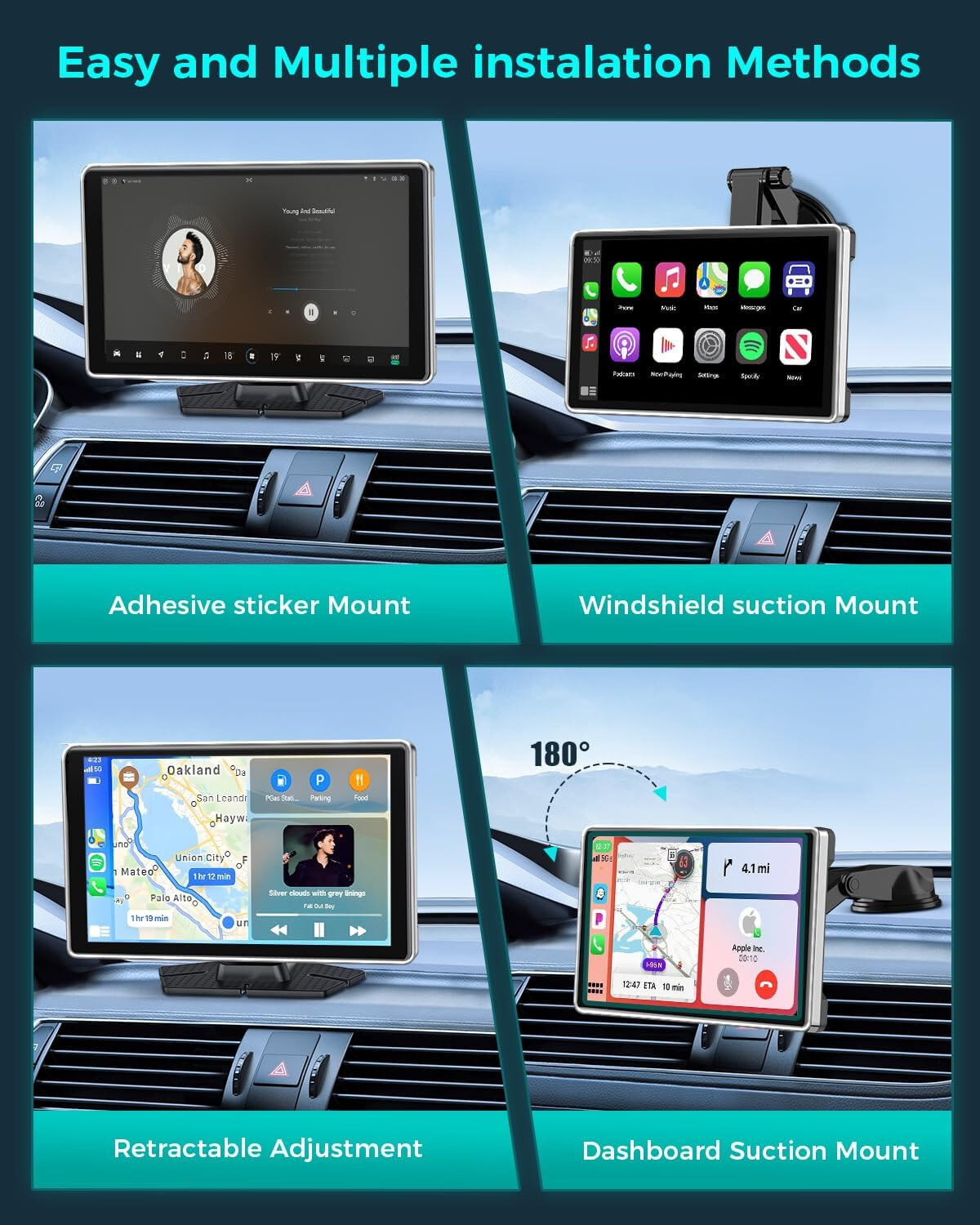 Wireless Carplay with 4K Dash Cam, 9″ Portable Carplay Screen for Car, Apple Car