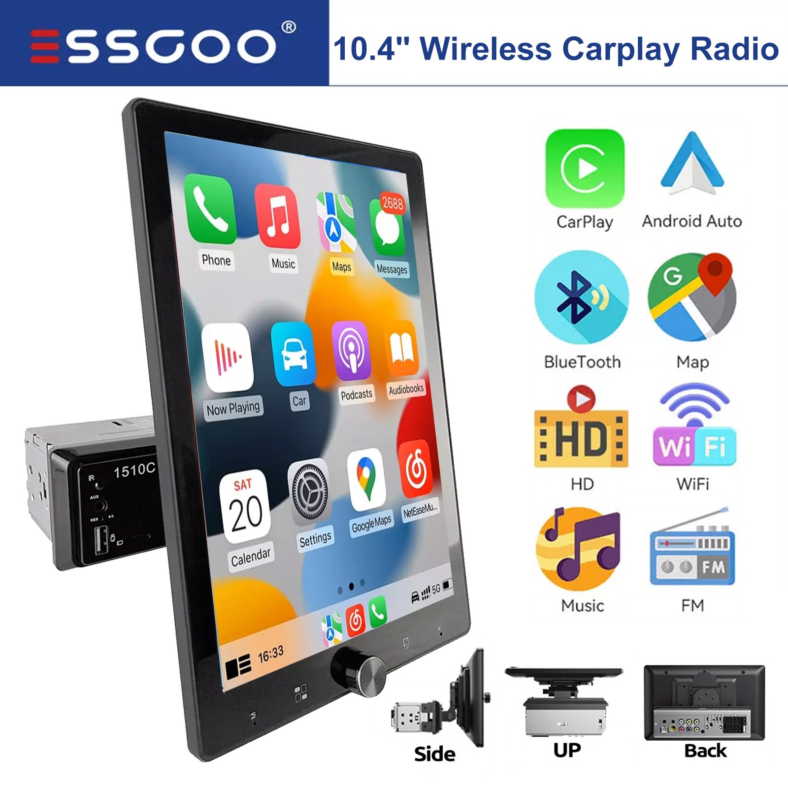 10.4″ Single 1 Din Touch Screen Stereo Bluetooth Radio Car Apple/Android Carplay