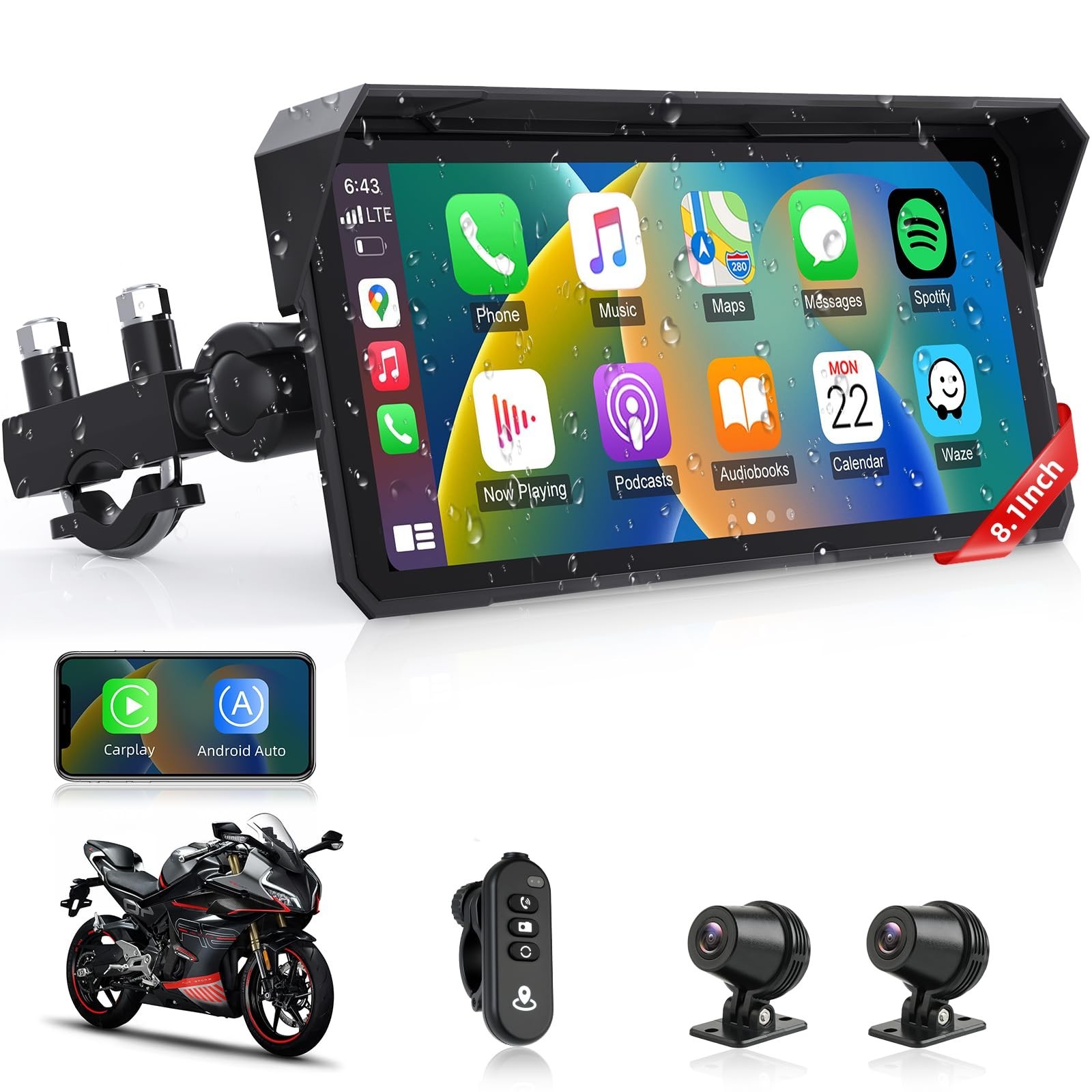 4K Motorcycle CarPlay Screen 8.1″ w/ Dash Cam, GPS, Voice Control, Dual Bluetoot