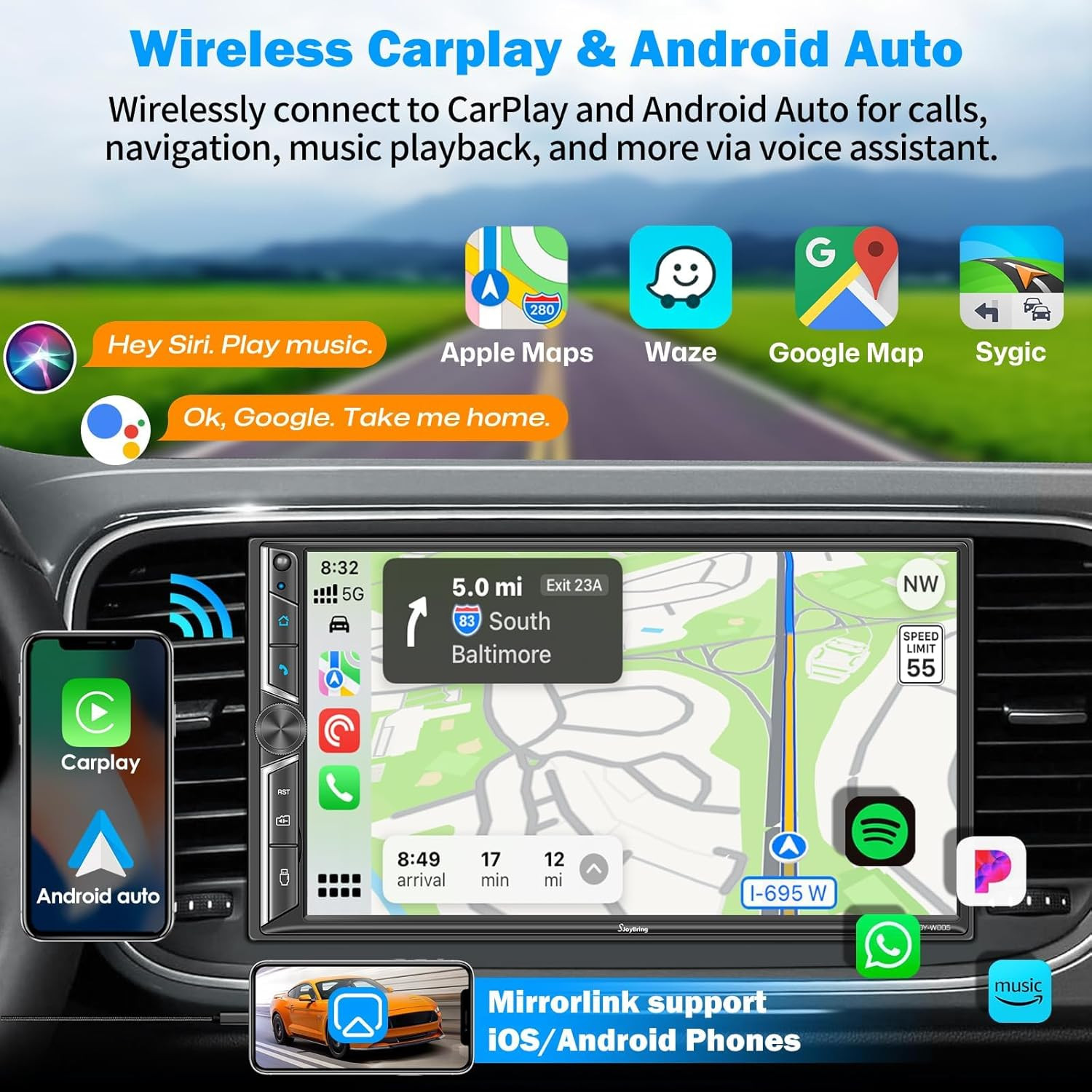 7″ Double Din Car Stereo Compatible with Wireless Apple Carplay & Android Auto,