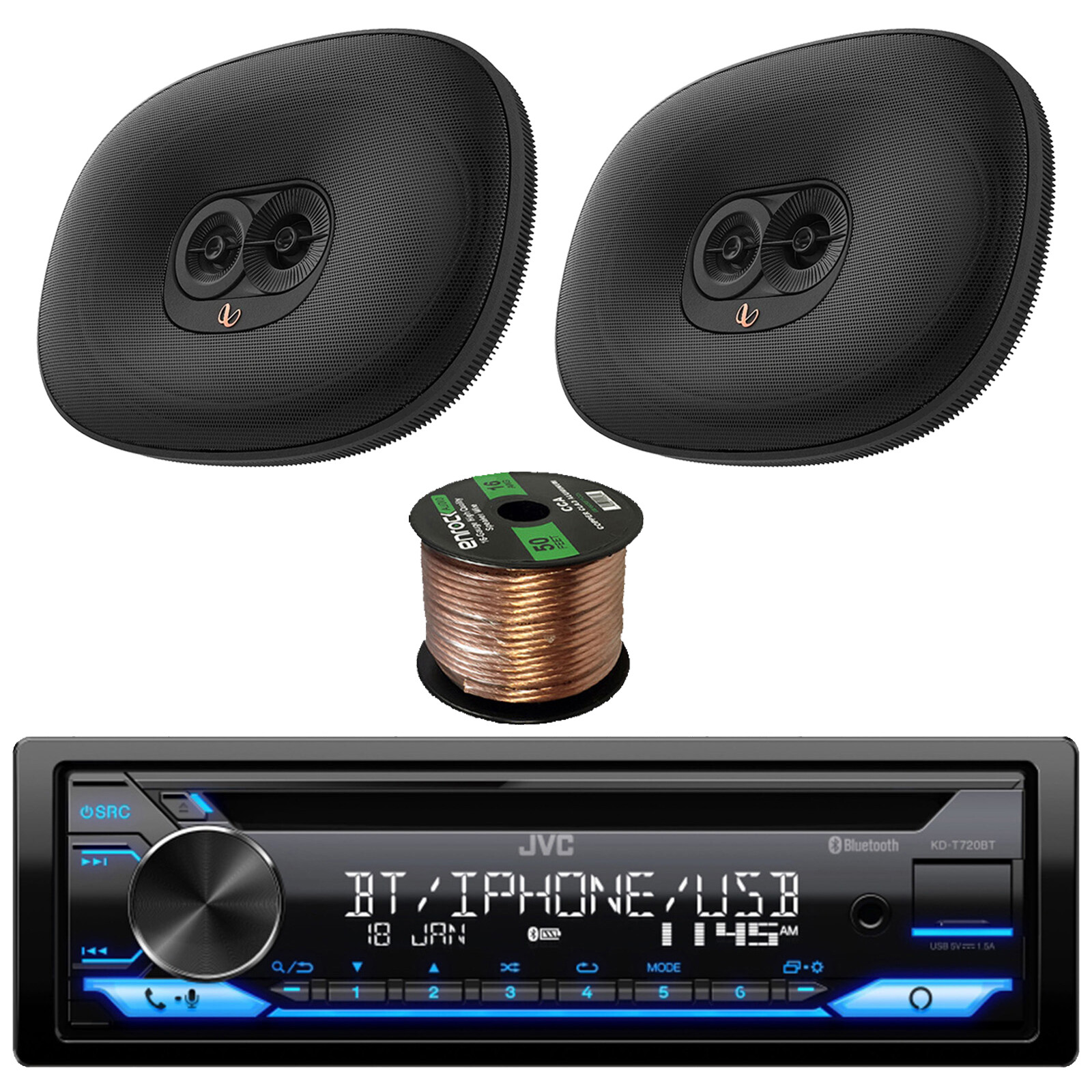 JVC KD-T720BT Bluetooth CD Stereo Receiver, 2x JBL 6×9″ 180W Car Speakers w/Wire