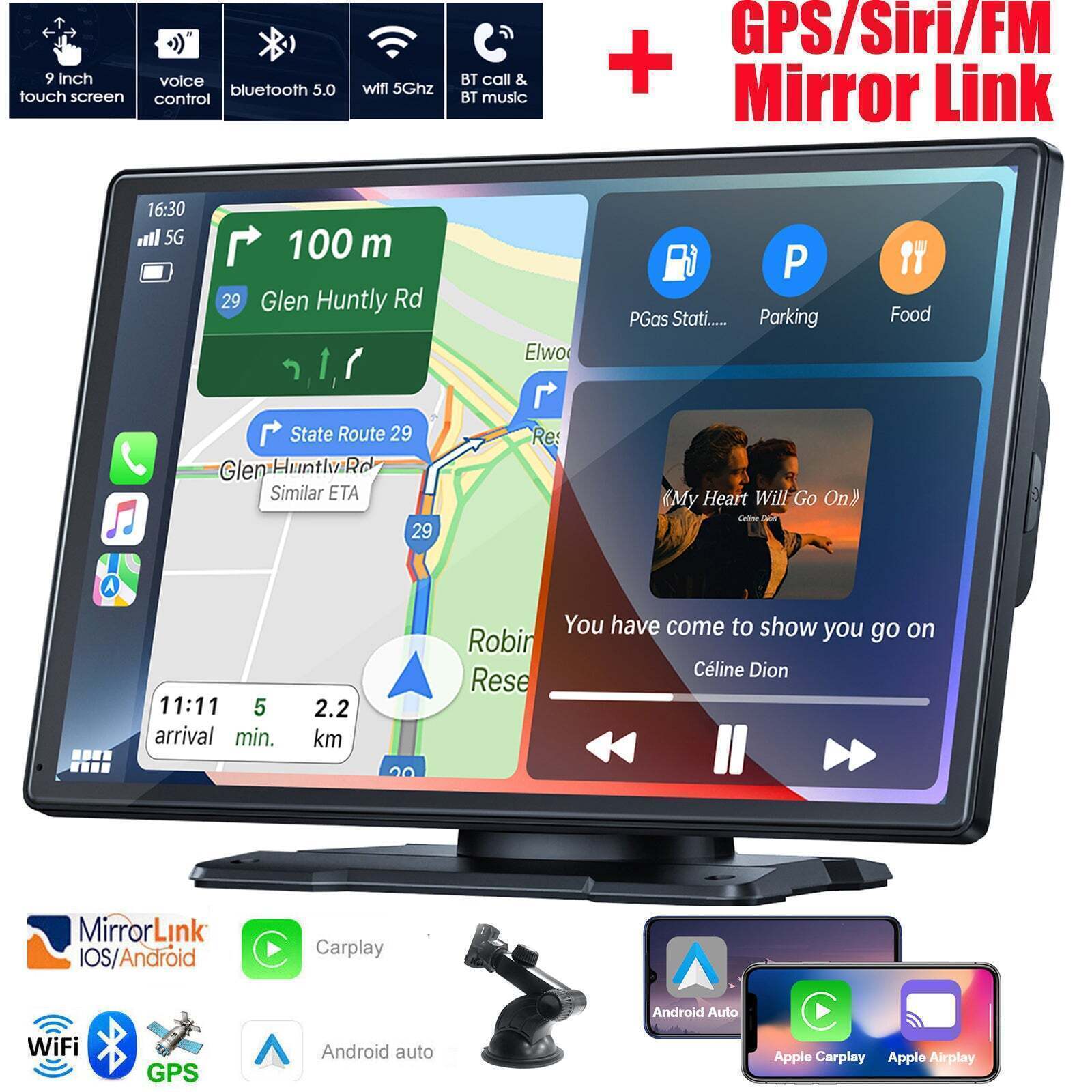 9″Portable Car Stereo Radio Wireless Apple Carplay/Android Auto Touch Screen GPS